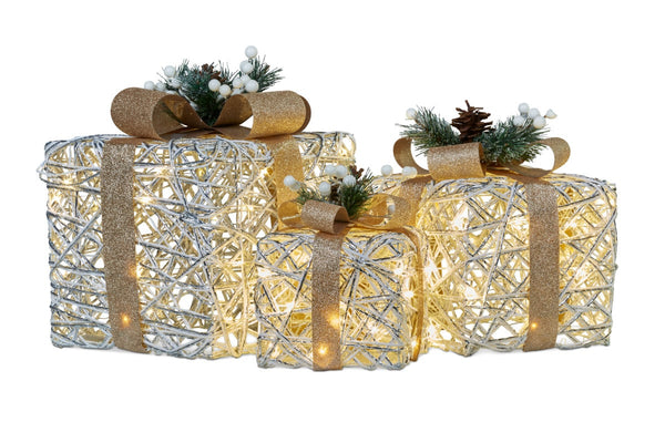 25CM Silver & White Gift Box Motif Light Set – Warm White LED Lights