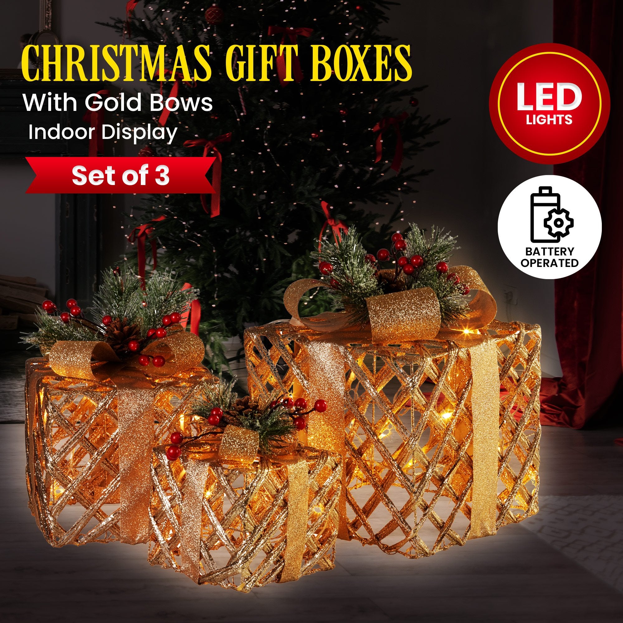 3PC Christmas Gift LED Display Set – 35 Warm White LEDs