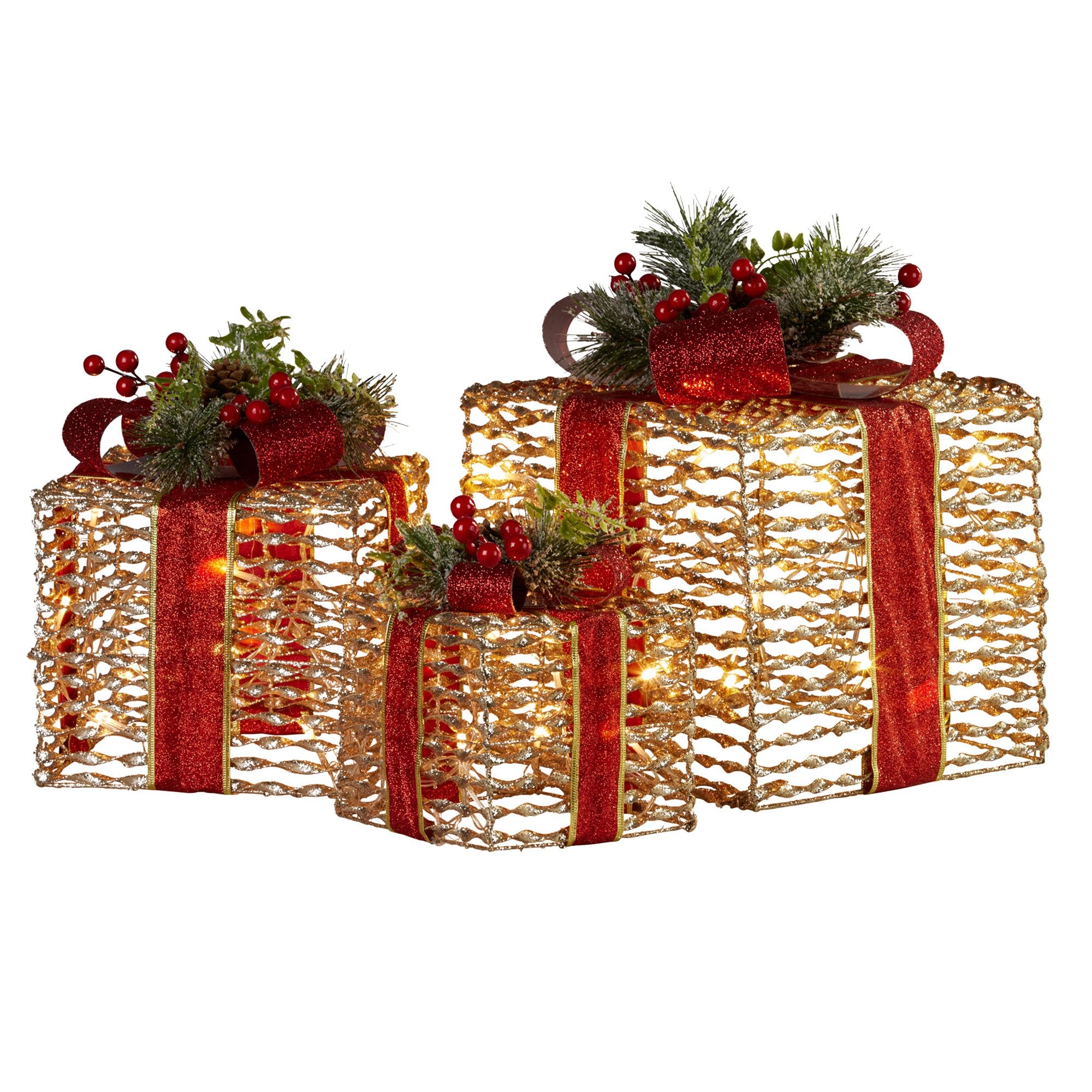 3PCS Christmas Gift LED Display Set – Warm White Indoor Boxes with Red Bows