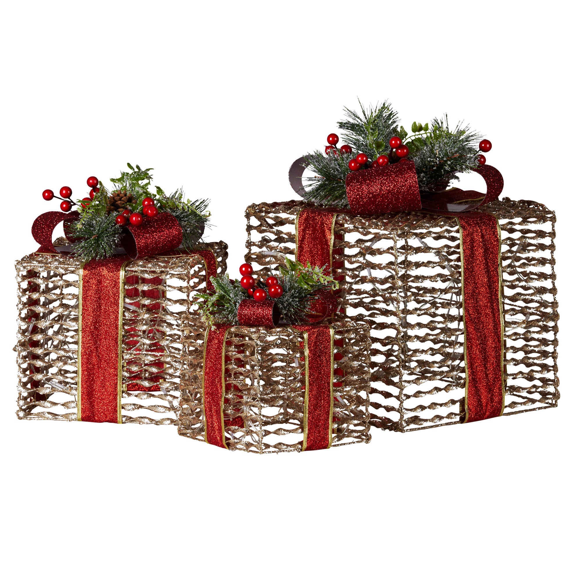 3PCS Christmas Gift LED Display Set – Warm White Indoor Boxes with Red Bows