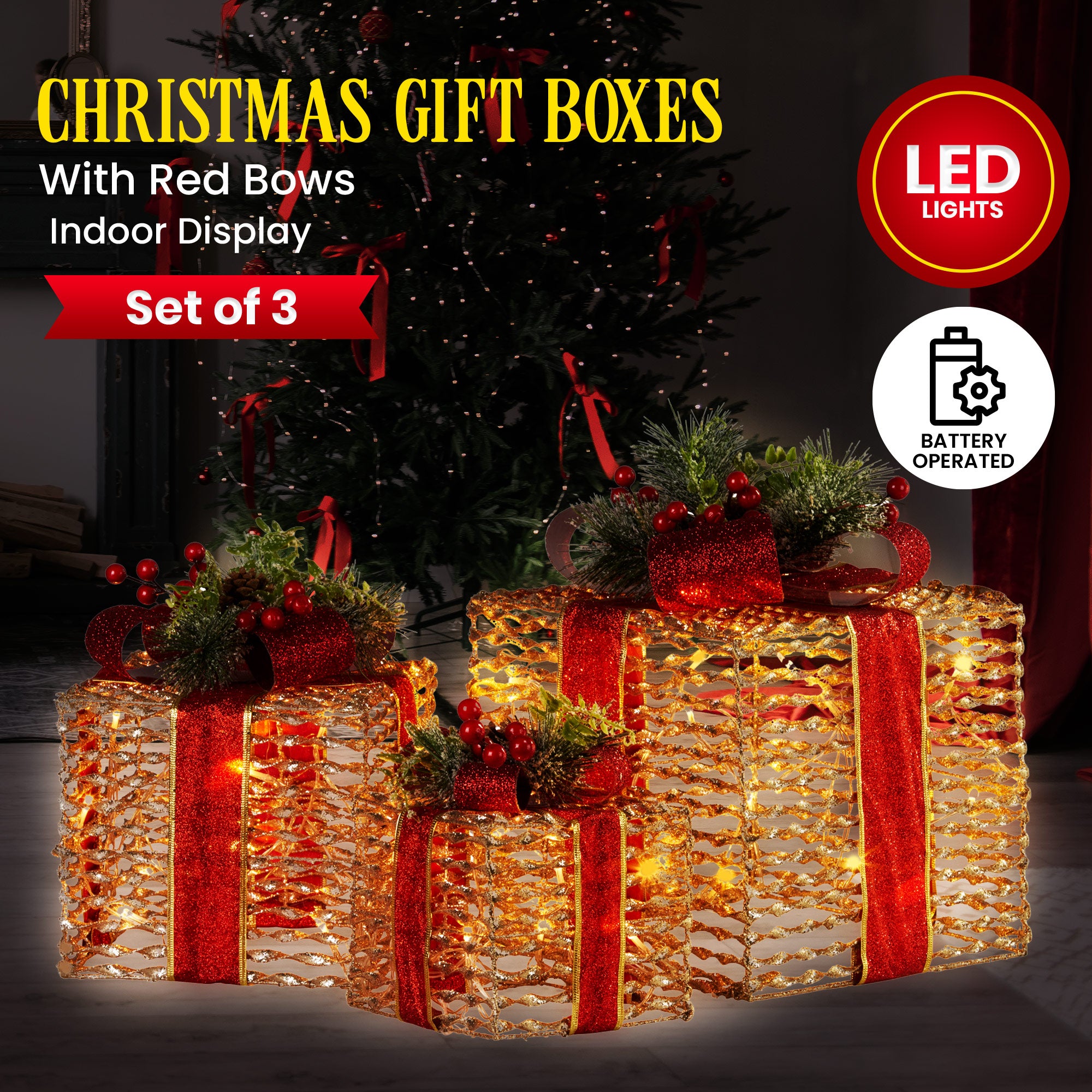 3PCS Christmas Gift LED Display Set – Warm White Indoor Boxes with Red Bows