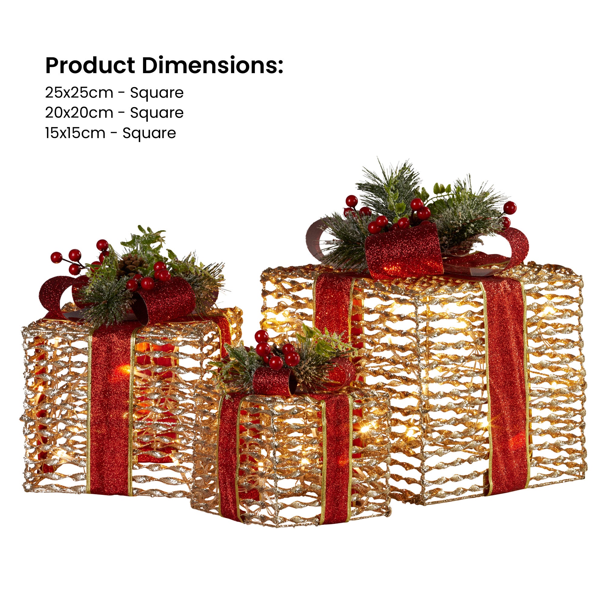3PCS Christmas Gift LED Display Set – Warm White Indoor Boxes with Red Bows