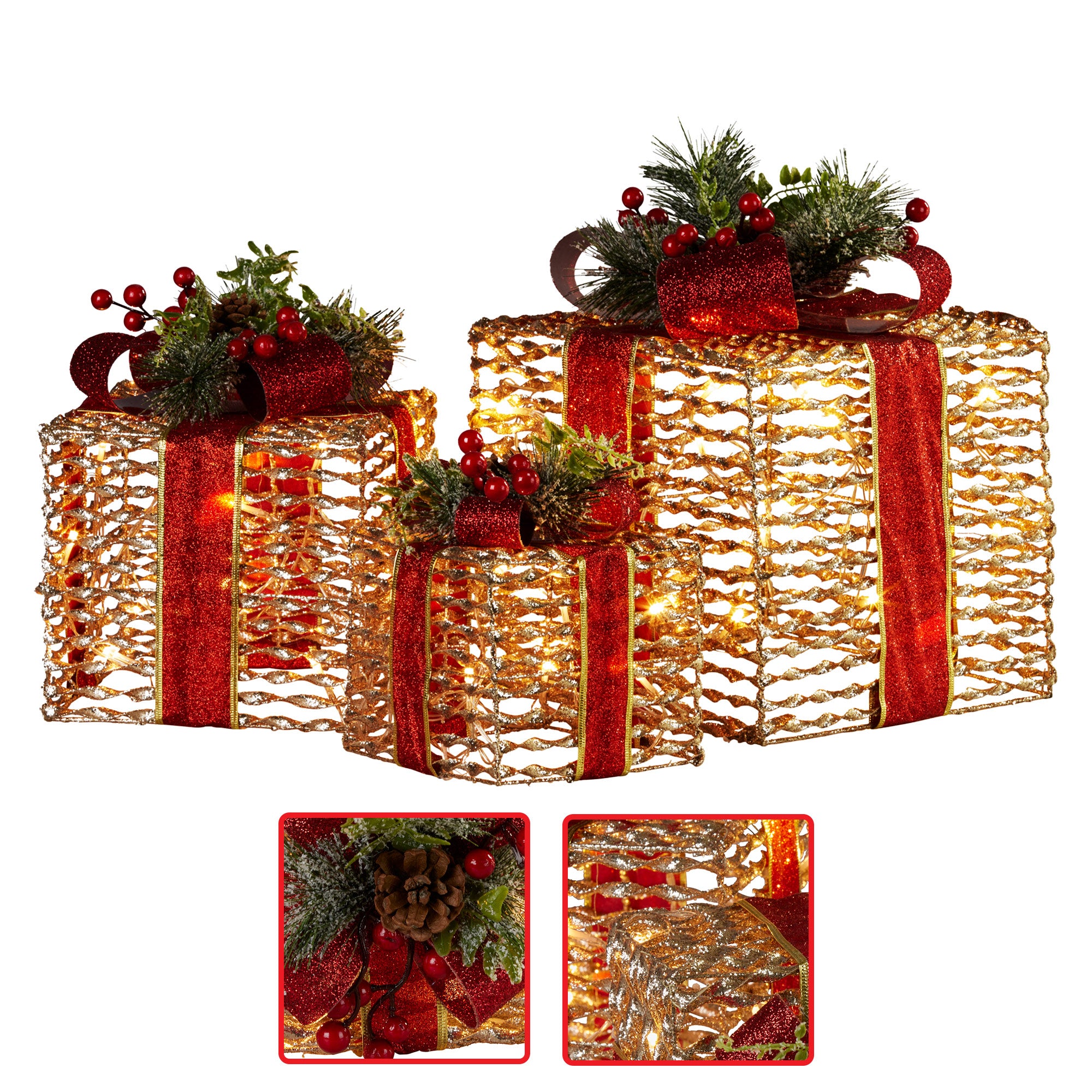 3PCS Christmas Gift LED Display Set – Warm White Indoor Boxes with Red Bows
