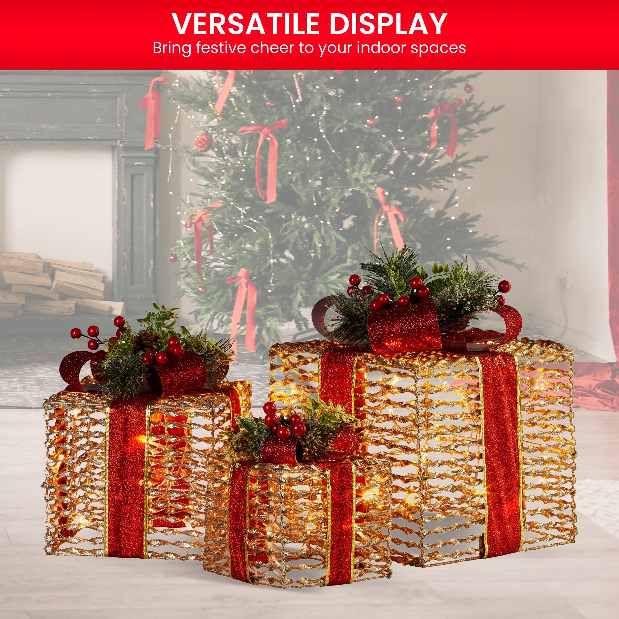 3PCS Christmas Gift LED Display Set – Warm White Indoor Boxes with Red Bows
