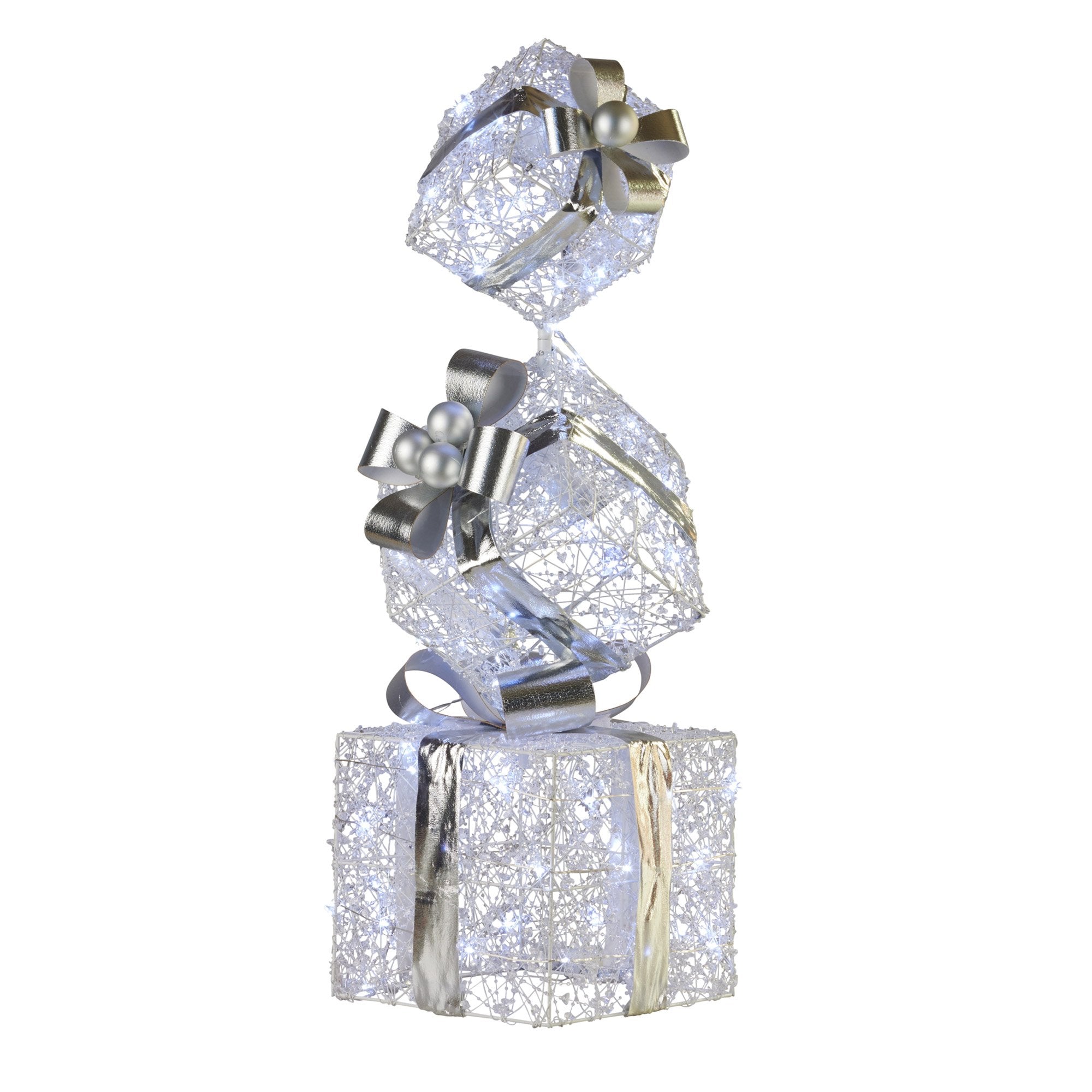 83CM Silver LED Gift Box Stack – Indoor Light-Up Present Tower