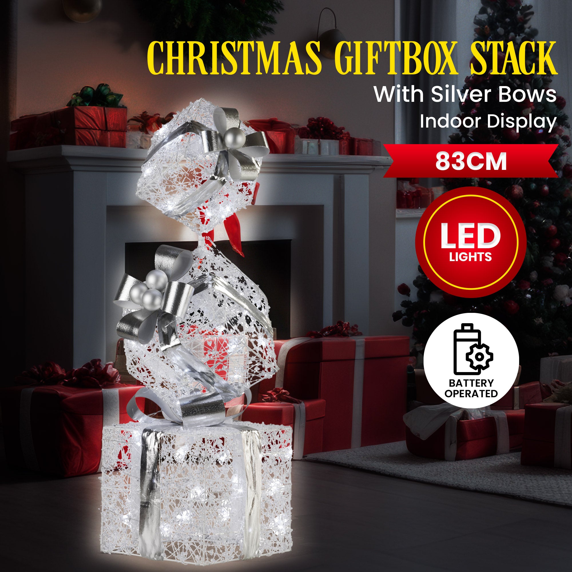 83CM Silver LED Gift Box Stack – Indoor Light-Up Present Tower