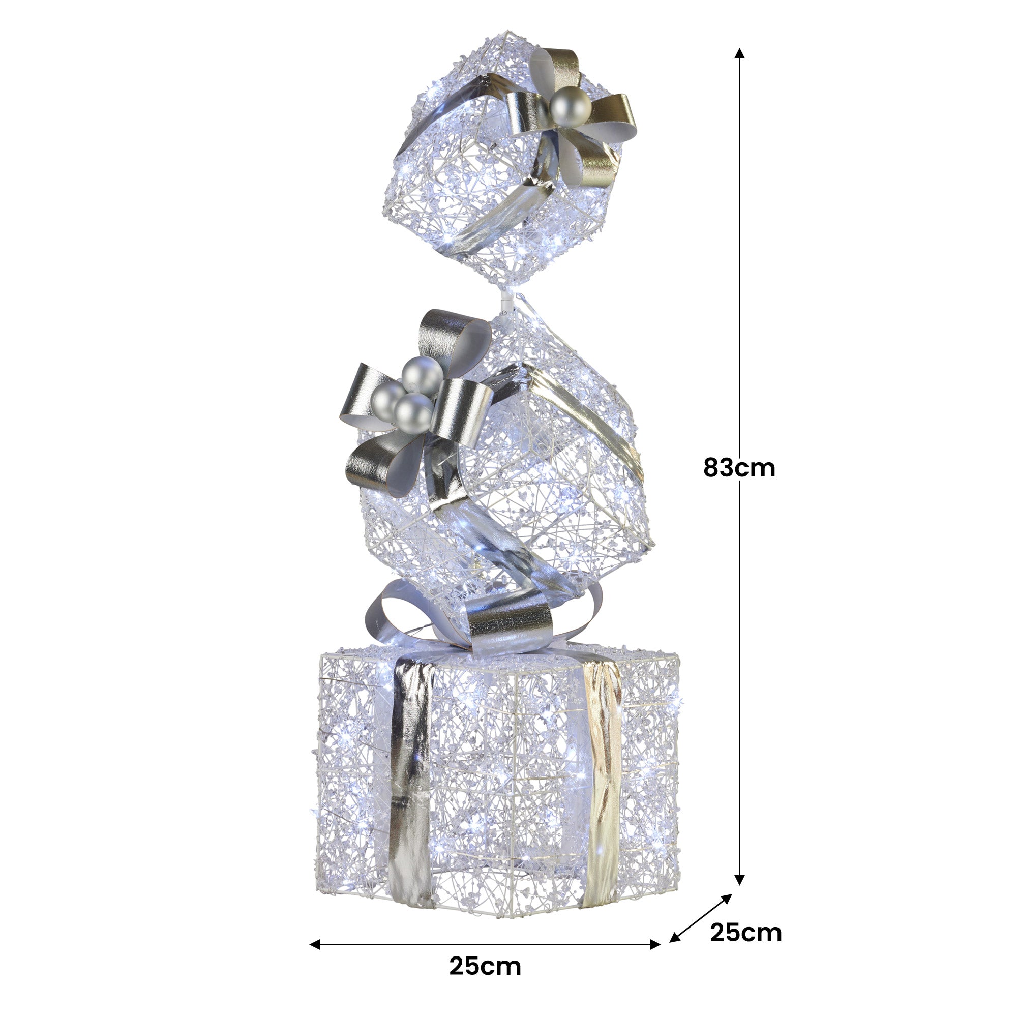 83CM Silver LED Gift Box Stack – Indoor Light-Up Present Tower