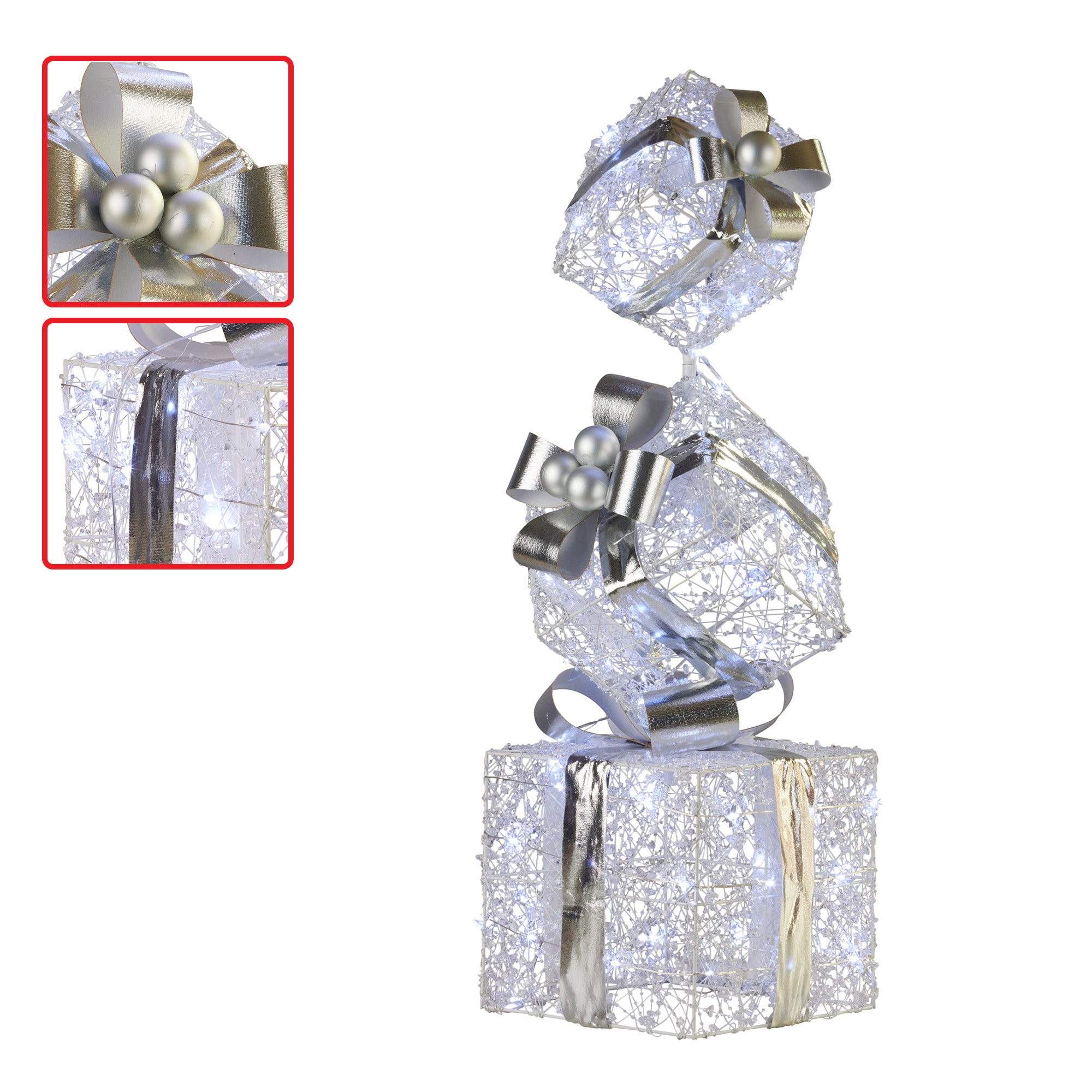 83CM Silver LED Gift Box Stack – Indoor Light-Up Present Tower