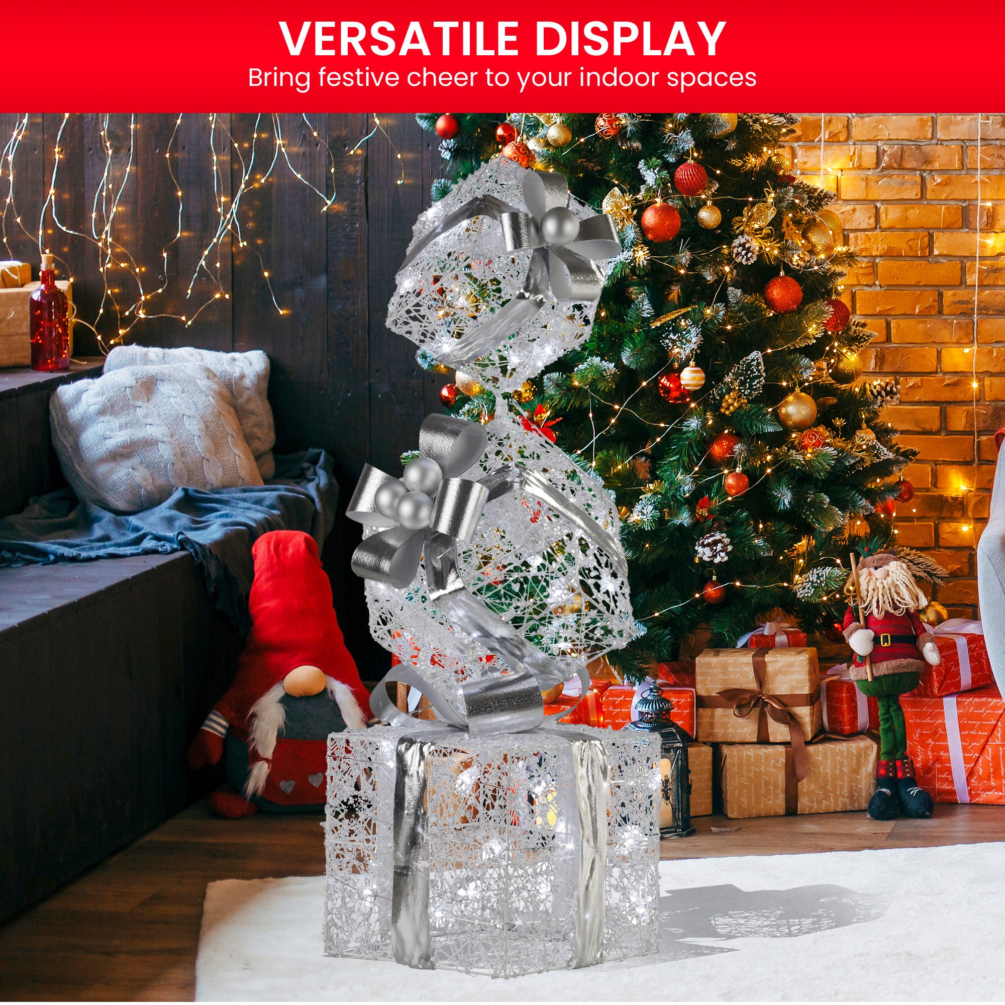 83CM Silver LED Gift Box Stack – Indoor Light-Up Present Tower