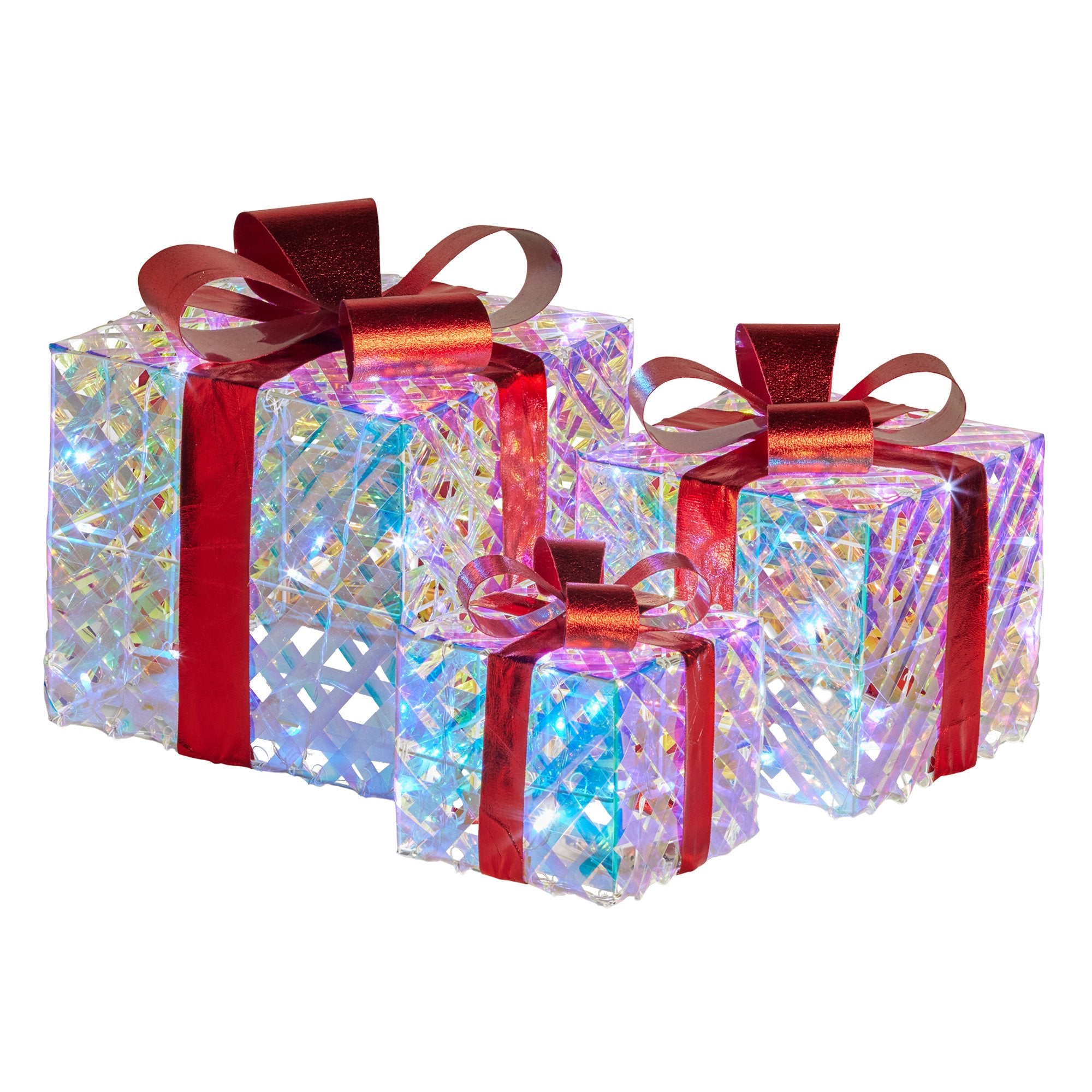 3PCS Red-Bowed Gift Box Display Set – White LED Indoor Light-Up Presents