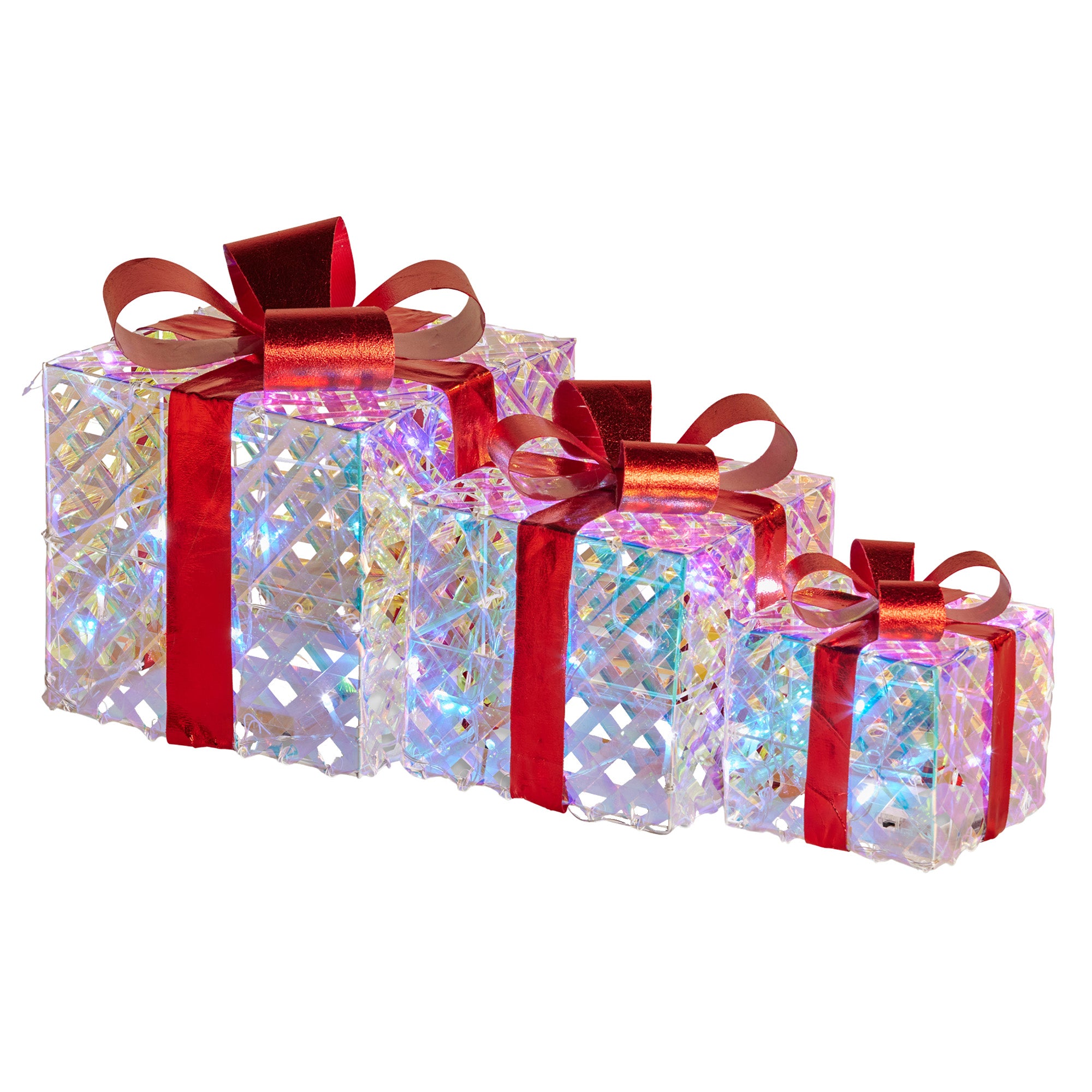 3PCS Red-Bowed Gift Box Display Set – White LED Indoor Light-Up Presents