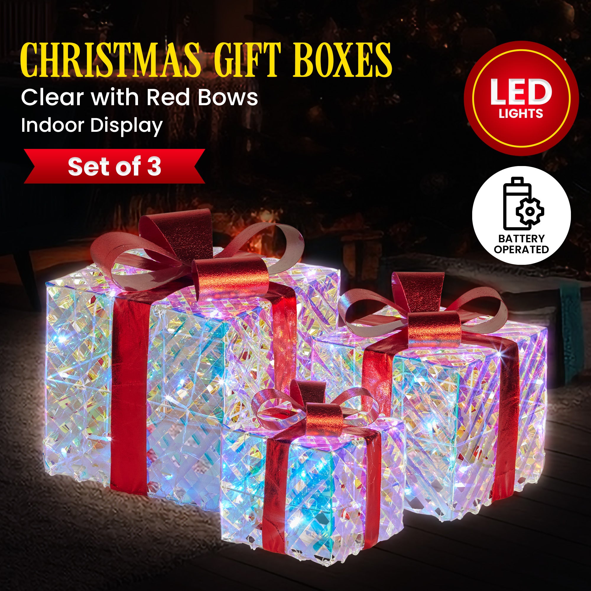 3PCS Red-Bowed Gift Box Display Set – White LED Indoor Light-Up Presents