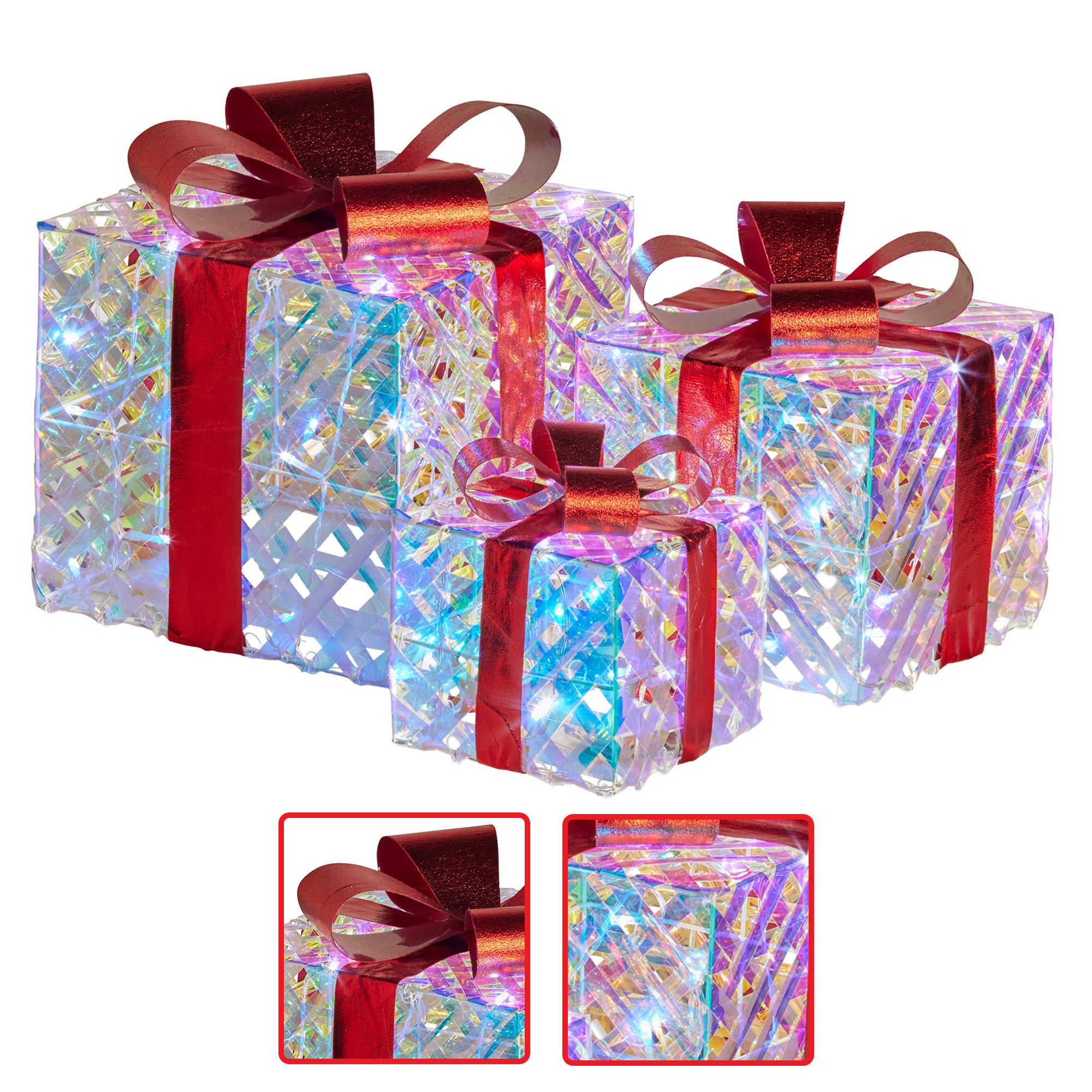 3PCS Red-Bowed Gift Box Display Set – White LED Indoor Light-Up Presents