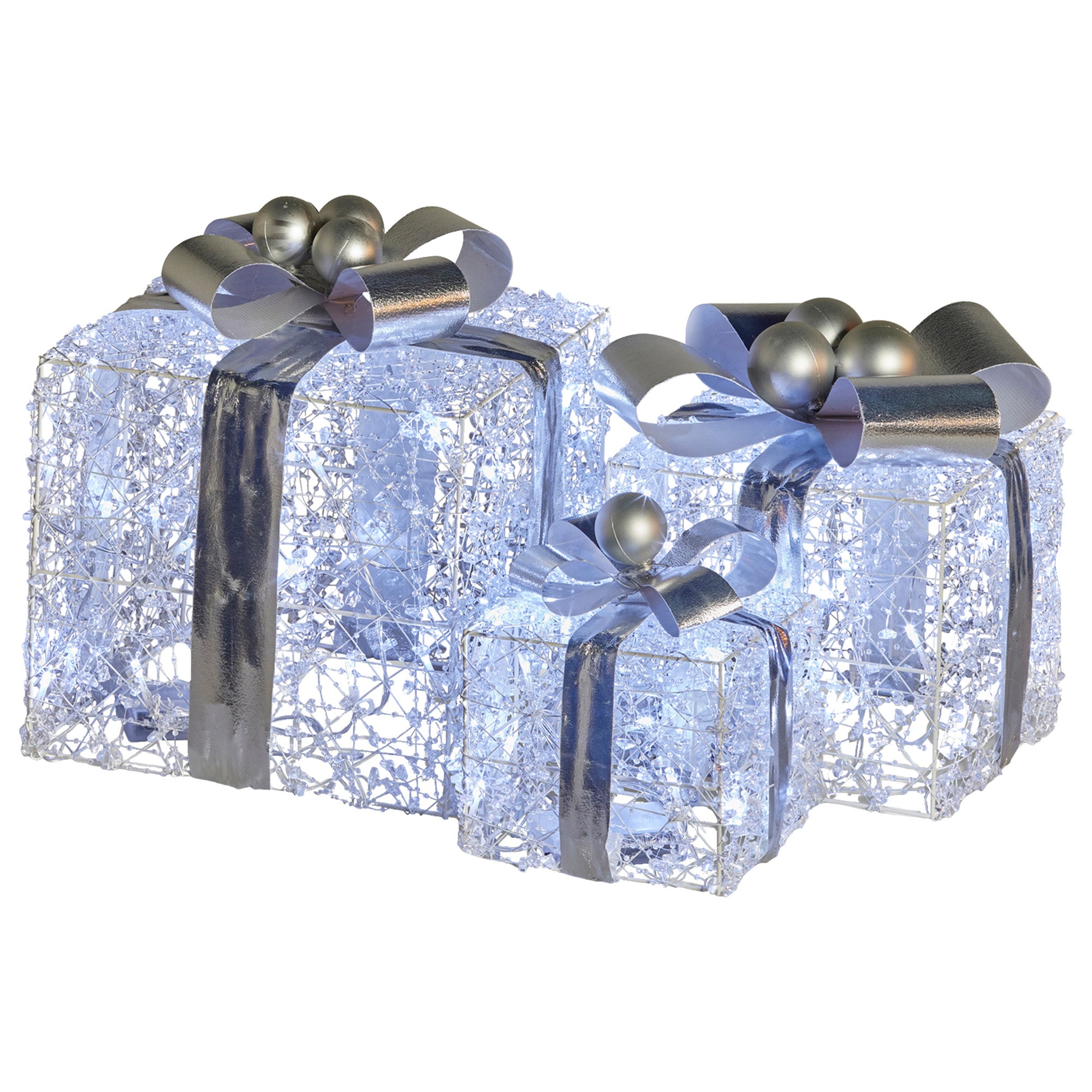 3PCS Silver Jeweled Gift Box Display Set – Warm White LED Indoor Décor