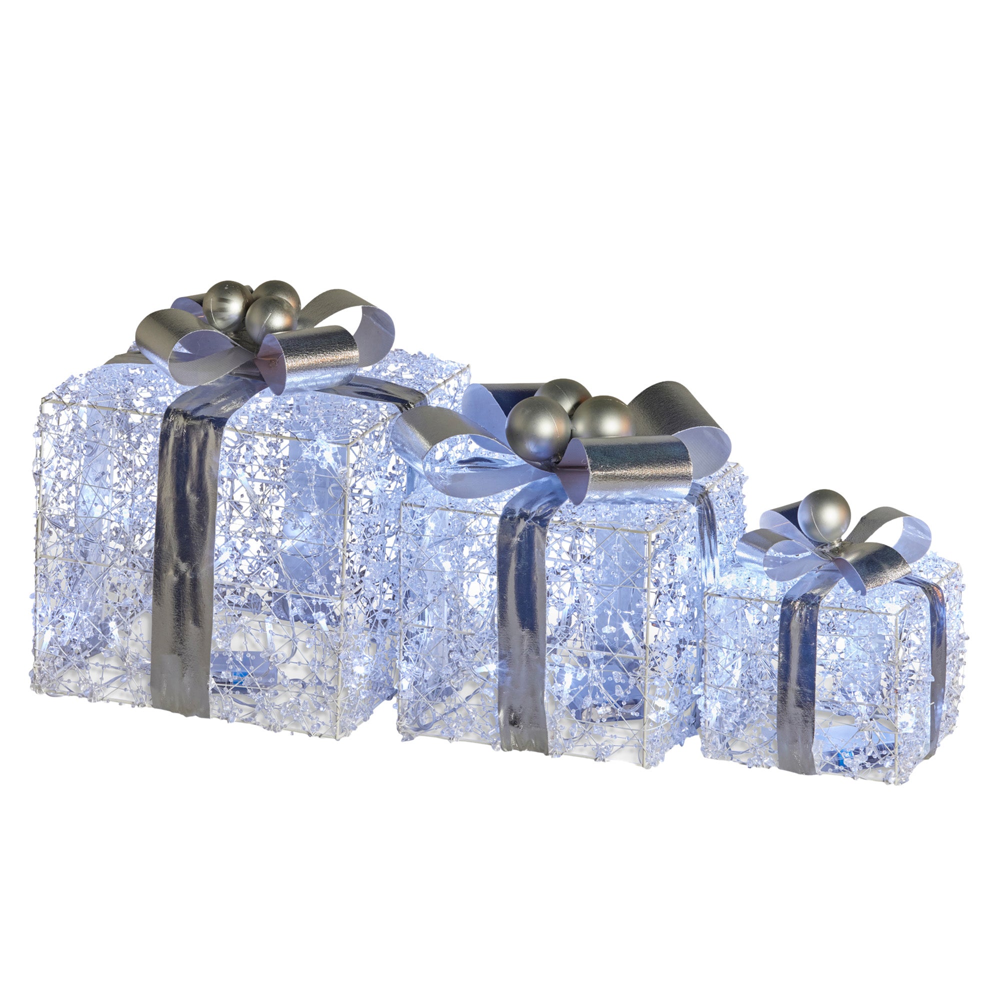 3PCS Silver Jeweled Gift Box Display Set – Warm White LED Indoor Décor