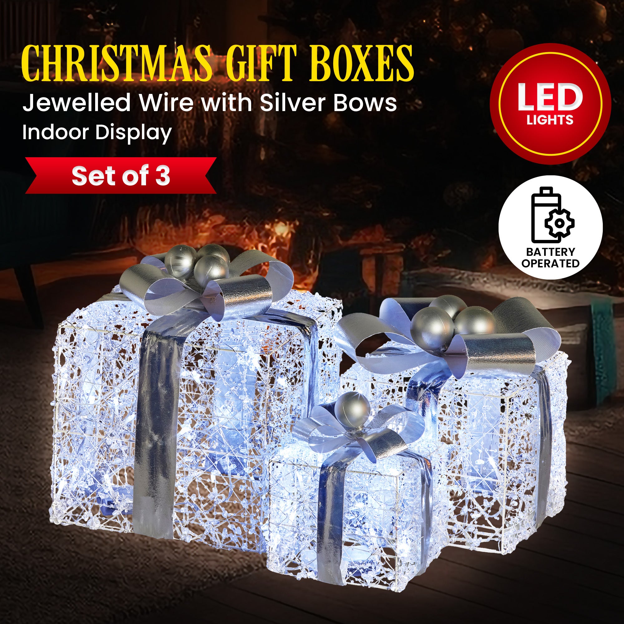 3PCS Silver Jeweled Gift Box Display Set – Warm White LED Indoor Décor