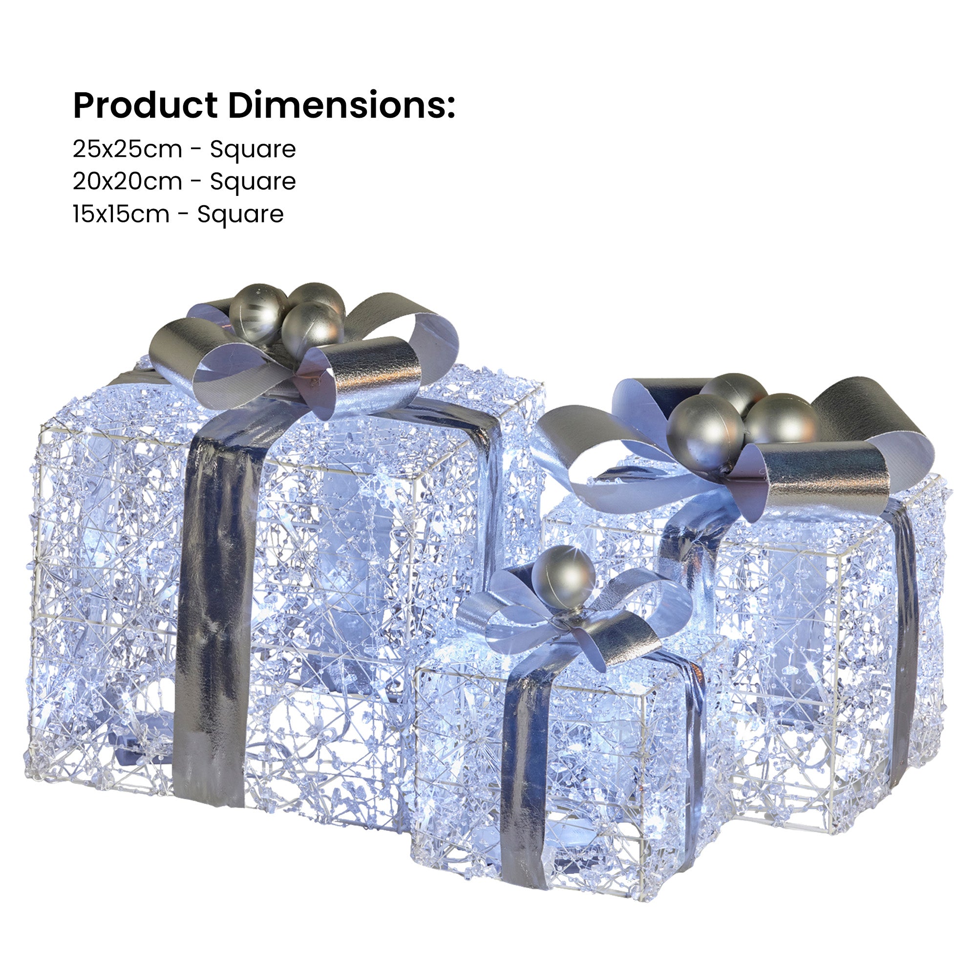 3PCS Silver Jeweled Gift Box Display Set – Warm White LED Indoor Décor