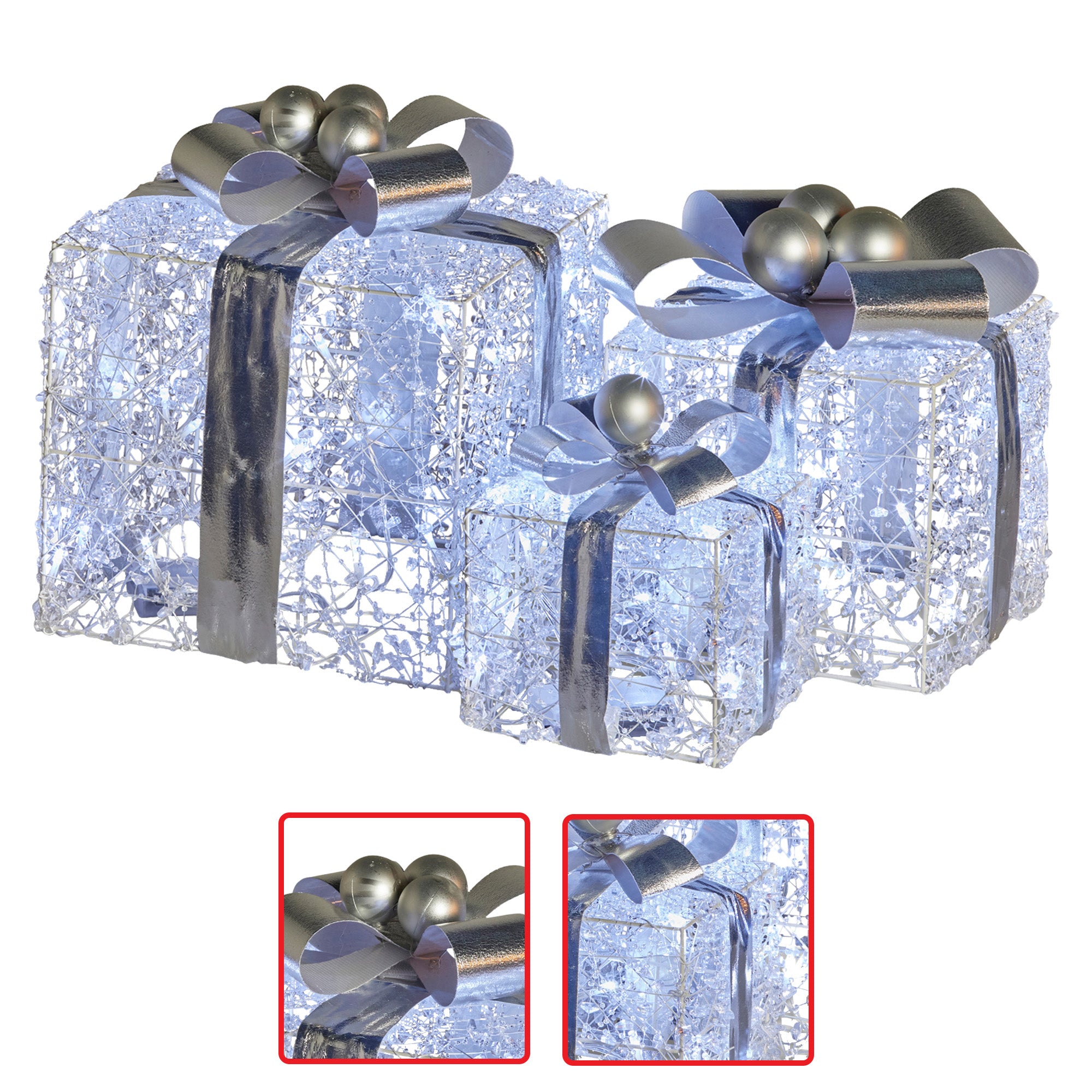 3PCS Silver Jeweled Gift Box Display Set – Warm White LED Indoor Décor
