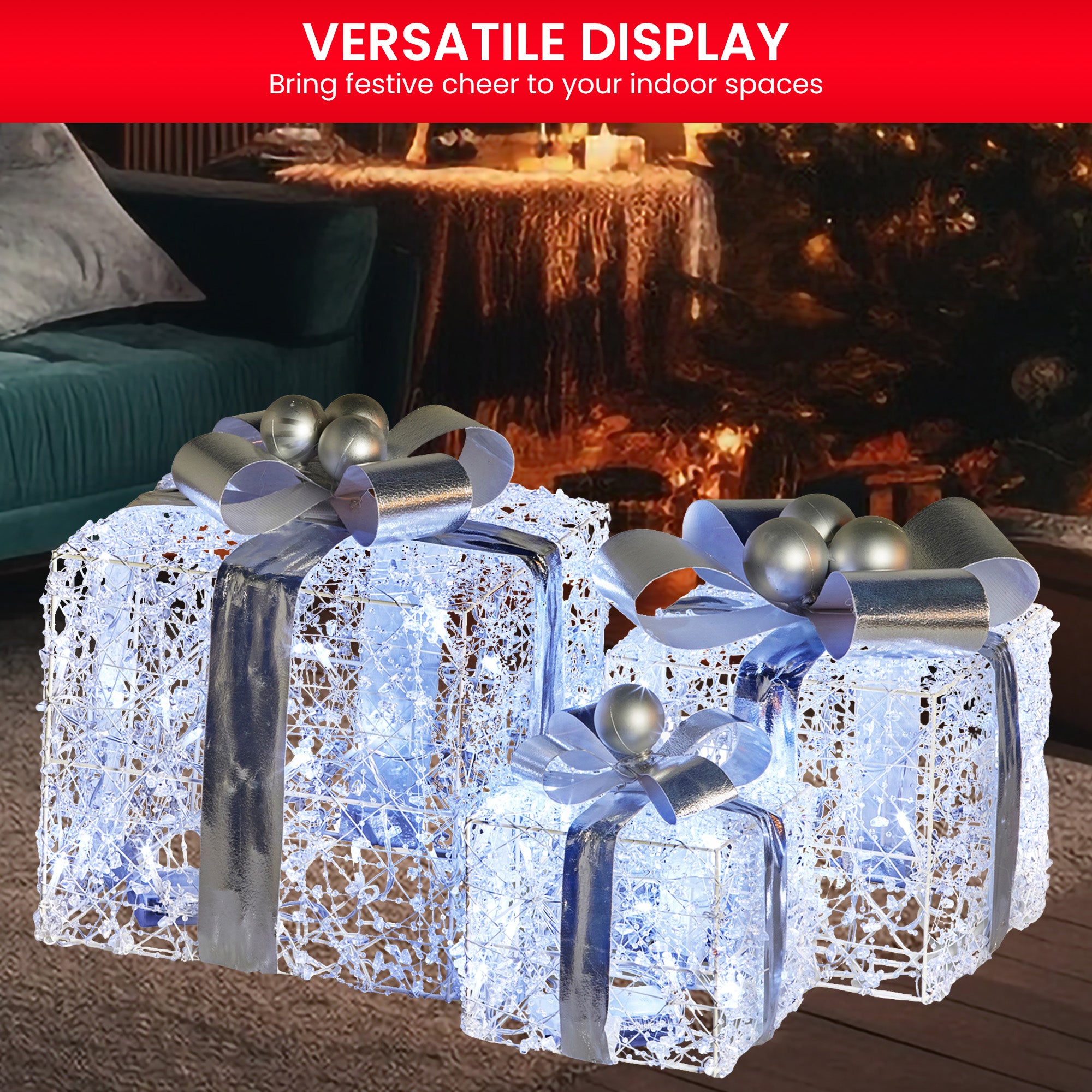 3PCS Silver Jeweled Gift Box Display Set – Warm White LED Indoor Décor