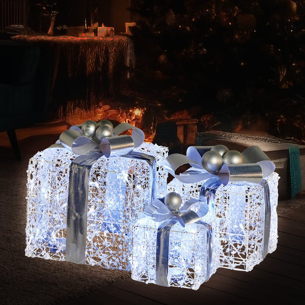 25CM Silver Gift Box Motif Light Set – 60 Warm White LED Lights
