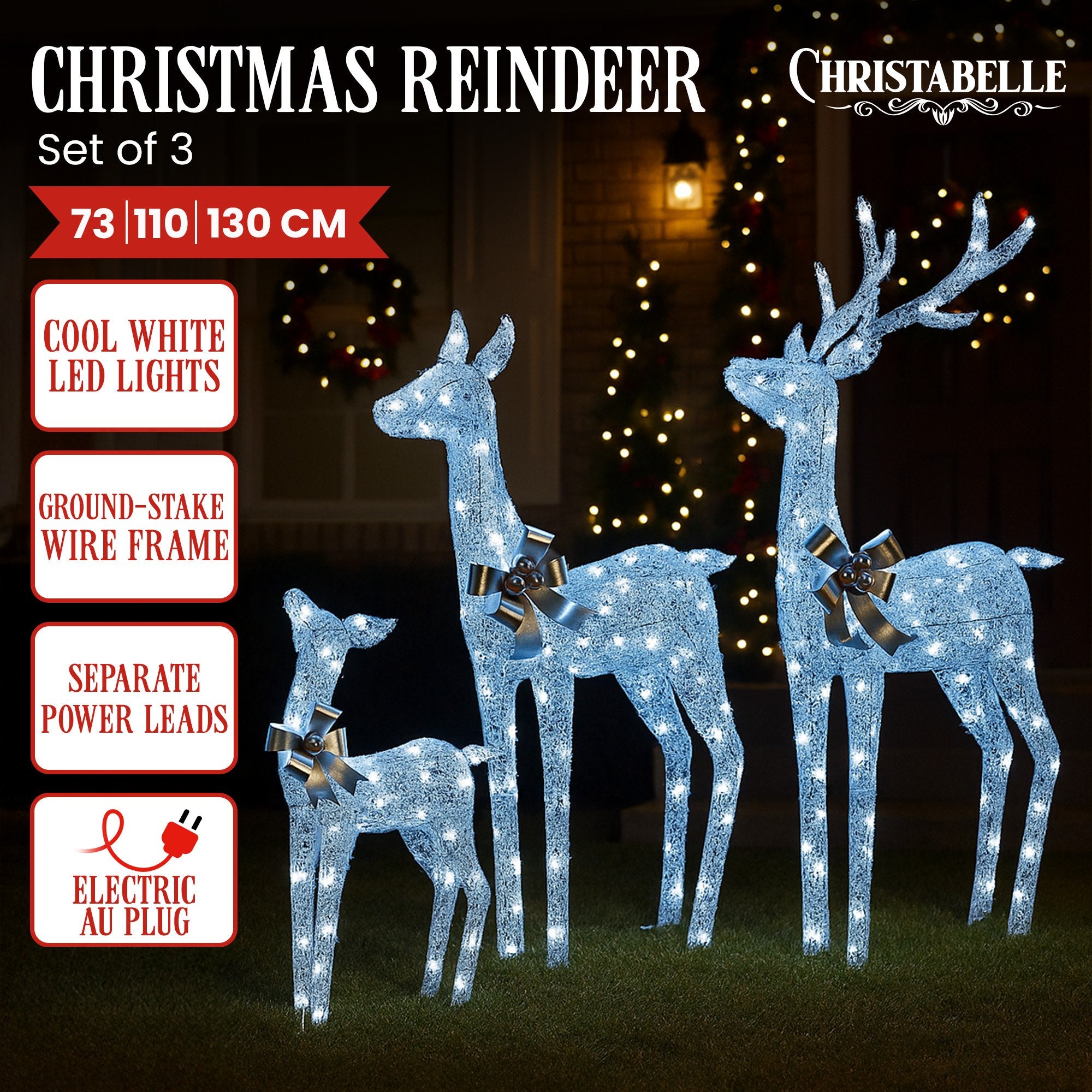 3-Piece Christmas Reindeer Display Set – Silver Cool White LED Decorations