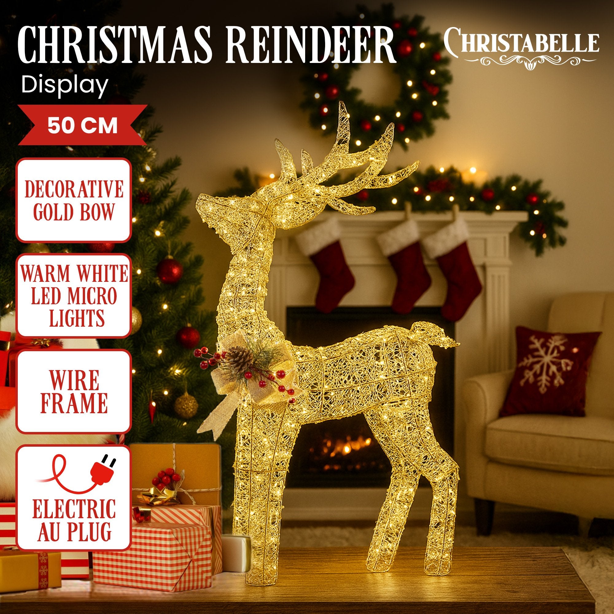 50CM Light Up Christmas Reindeer Display – Warm White LED Lights & Gold Bow