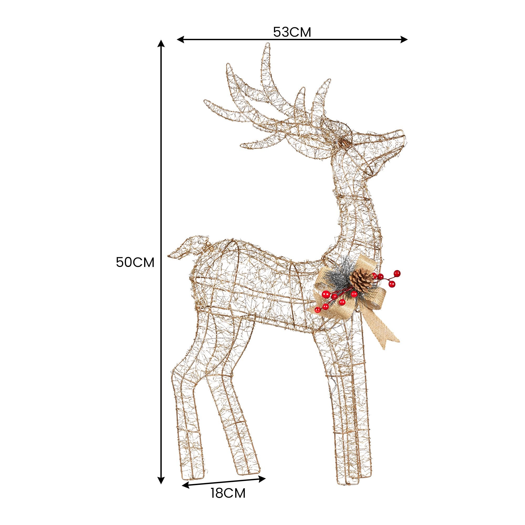50CM Light Up Christmas Reindeer Display – Warm White LED Lights & Gold Bow