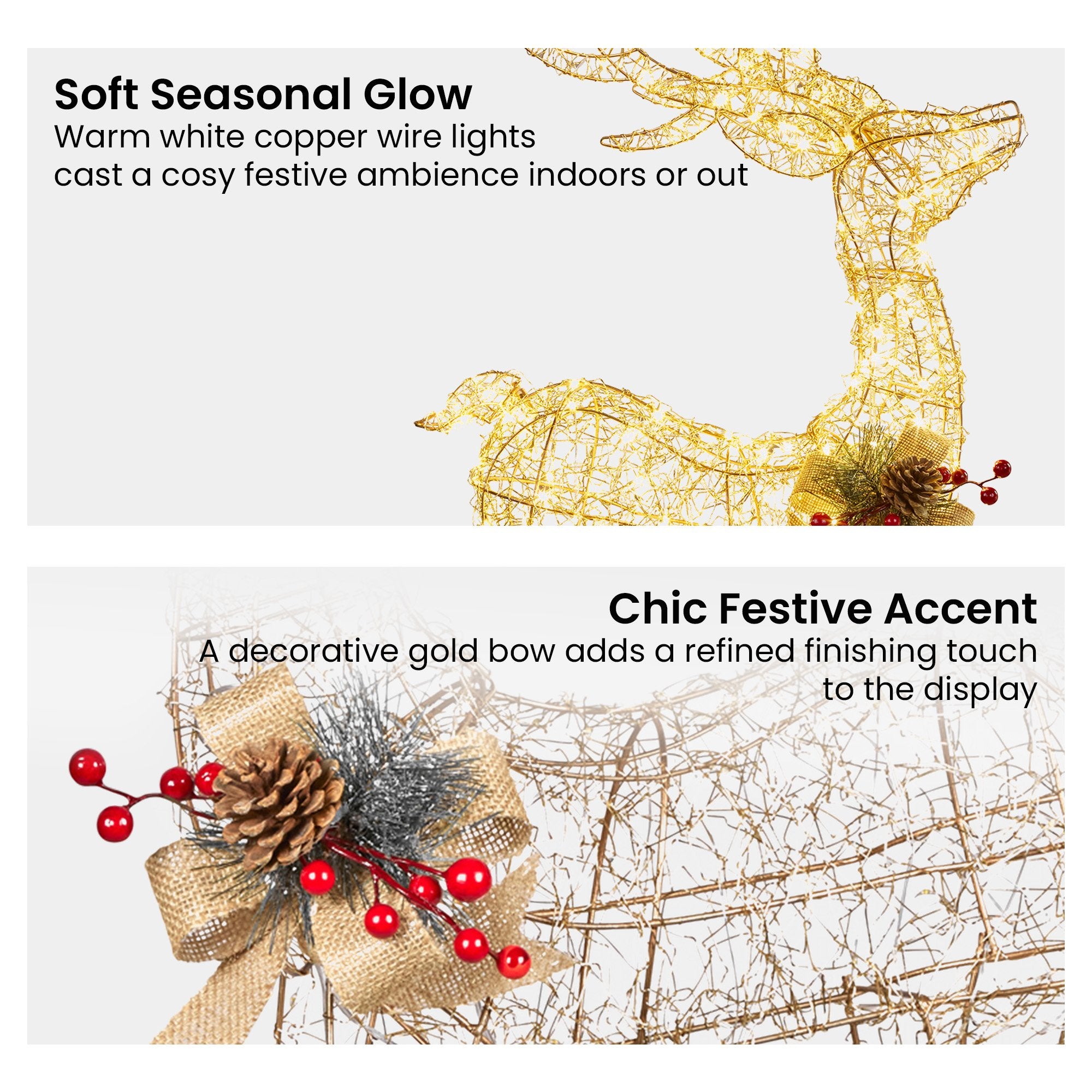 50CM Light Up Christmas Reindeer Display – Warm White LED Lights & Gold Bow