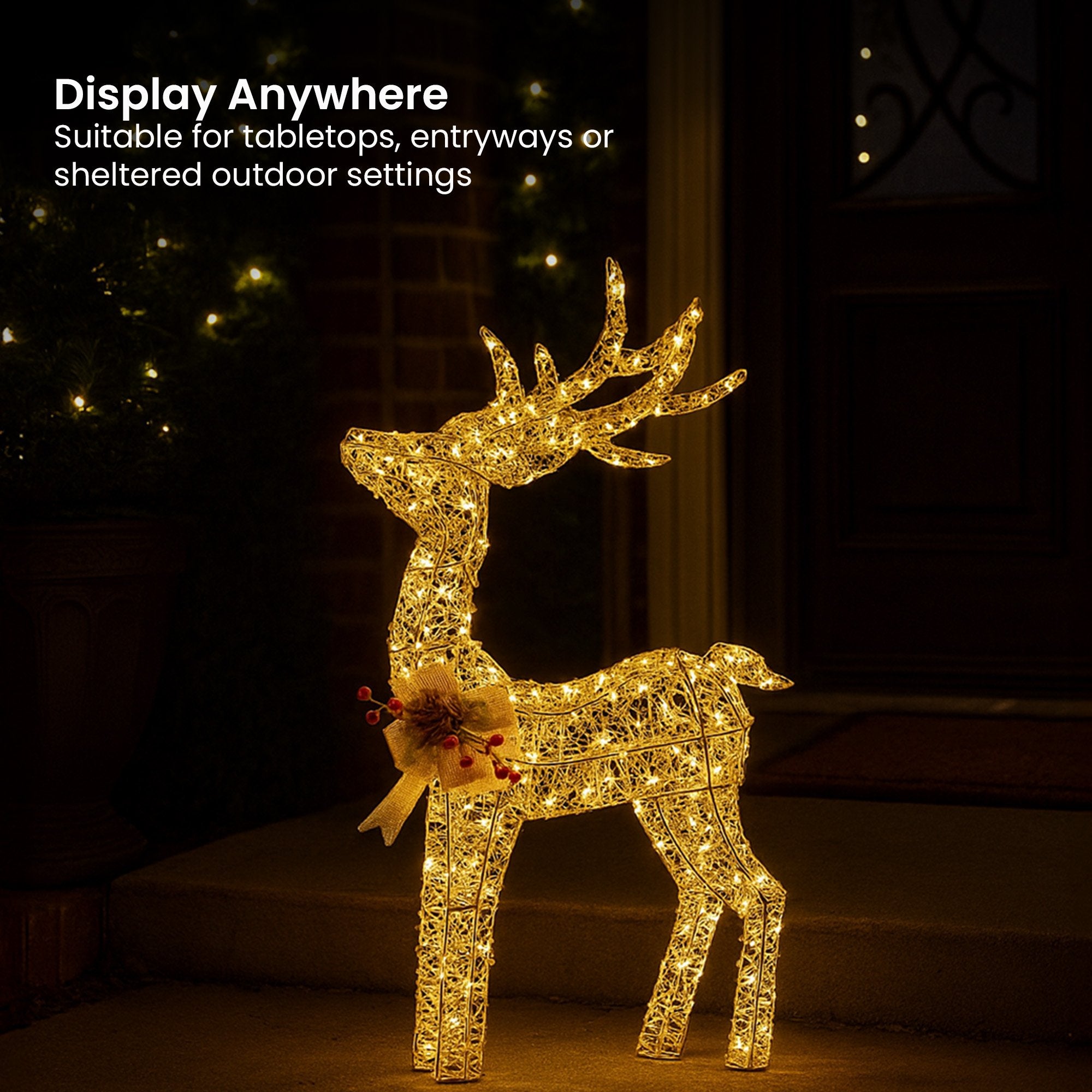 50CM Light Up Christmas Reindeer Display – Warm White LED Lights & Gold Bow