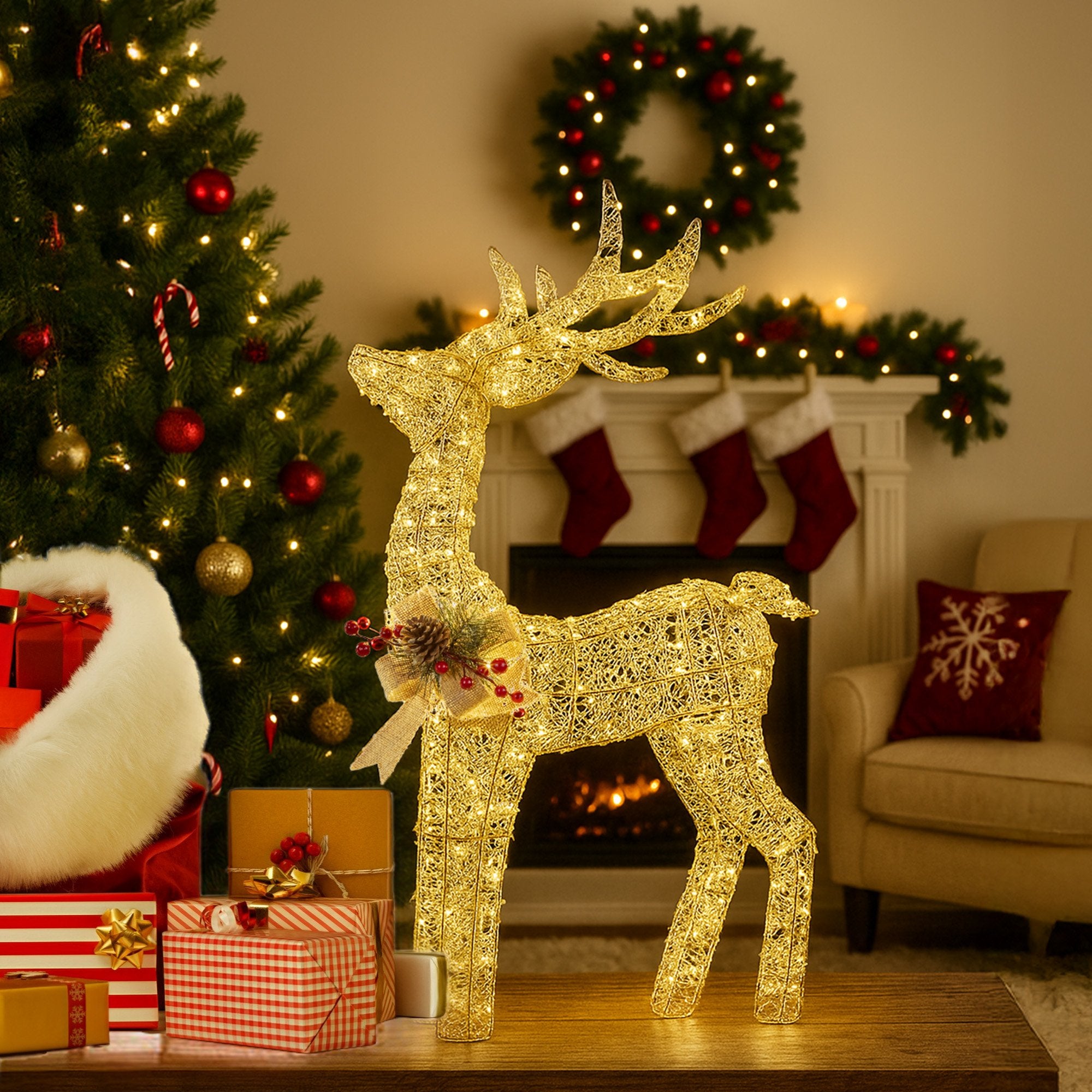 50CM Light Up Christmas Reindeer Display – Warm White LED Lights & Gold Bow