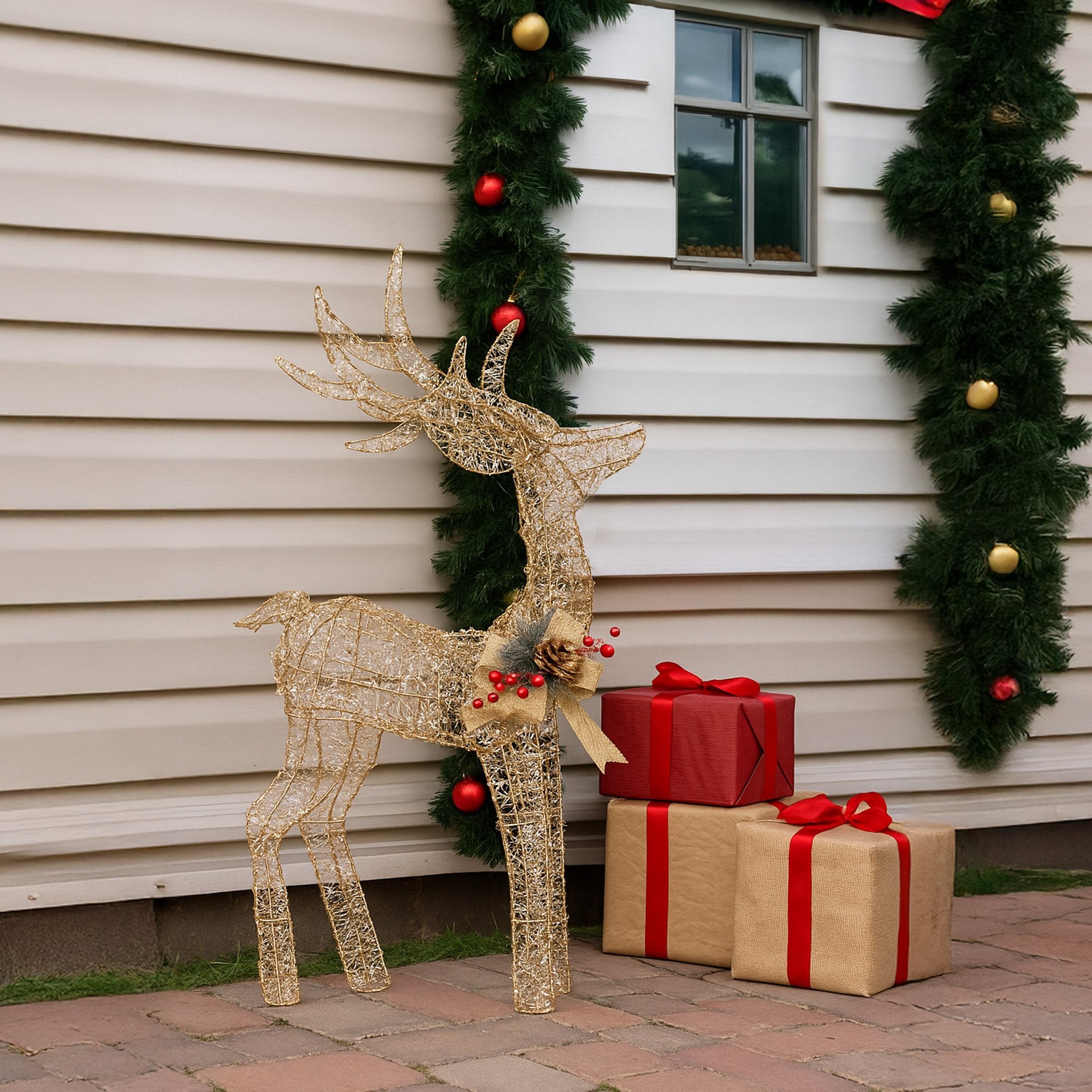 50CM Light Up Christmas Reindeer Display – Warm White LED Lights & Gold Bow