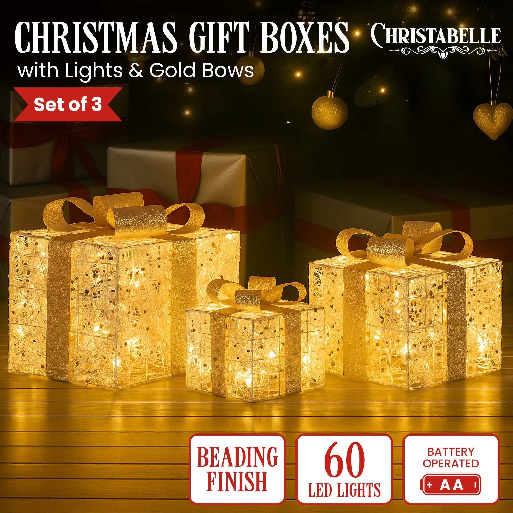 Set of 3 Golden Christmas Gift Boxes – Battery Operated LED Lights