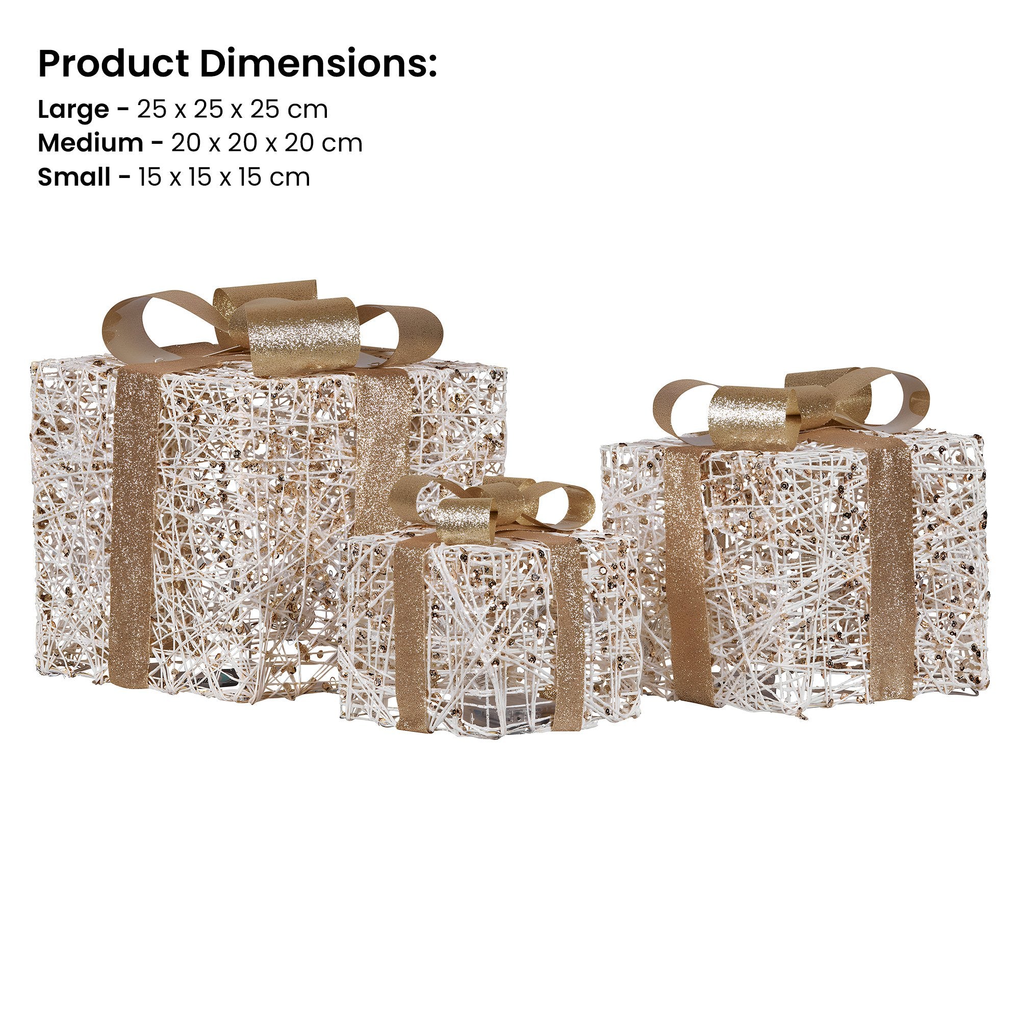 Set of 3 Golden Christmas Gift Boxes – Battery Operated LED Lights