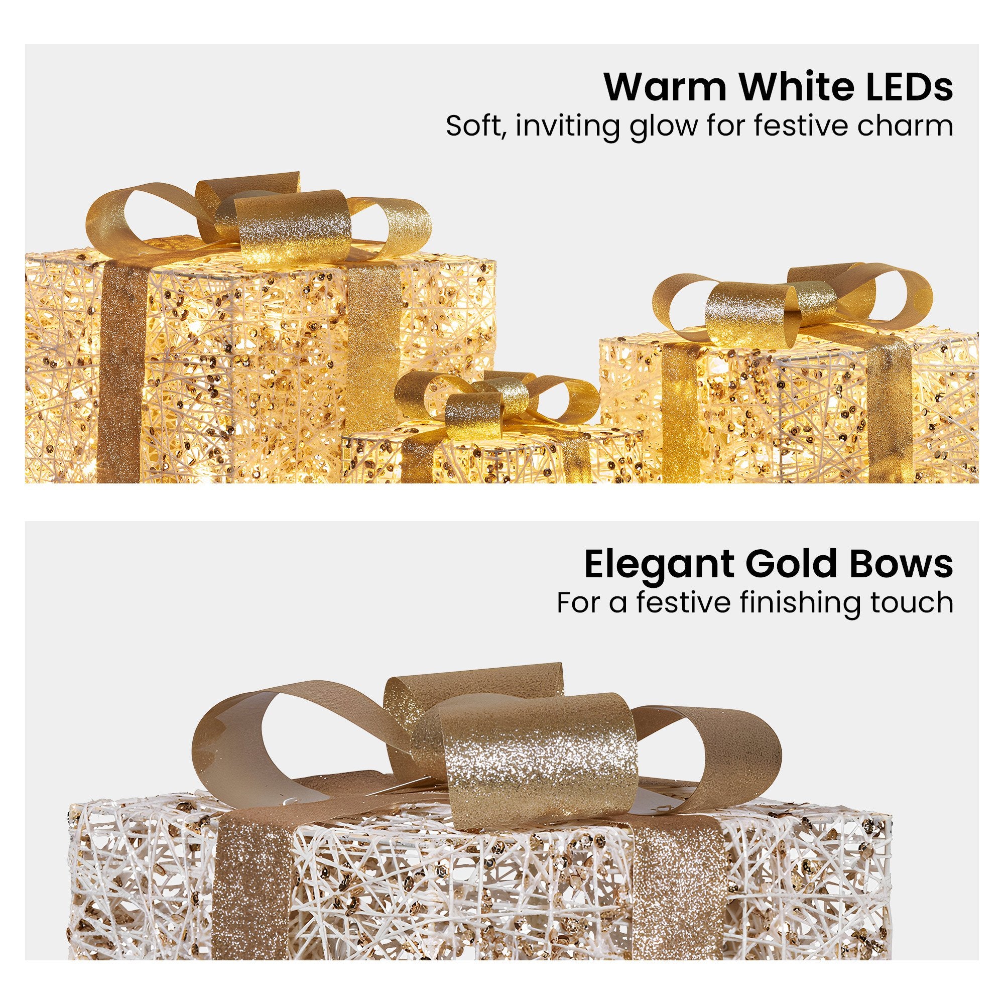 Set of 3 Golden Christmas Gift Boxes – Battery Operated LED Lights