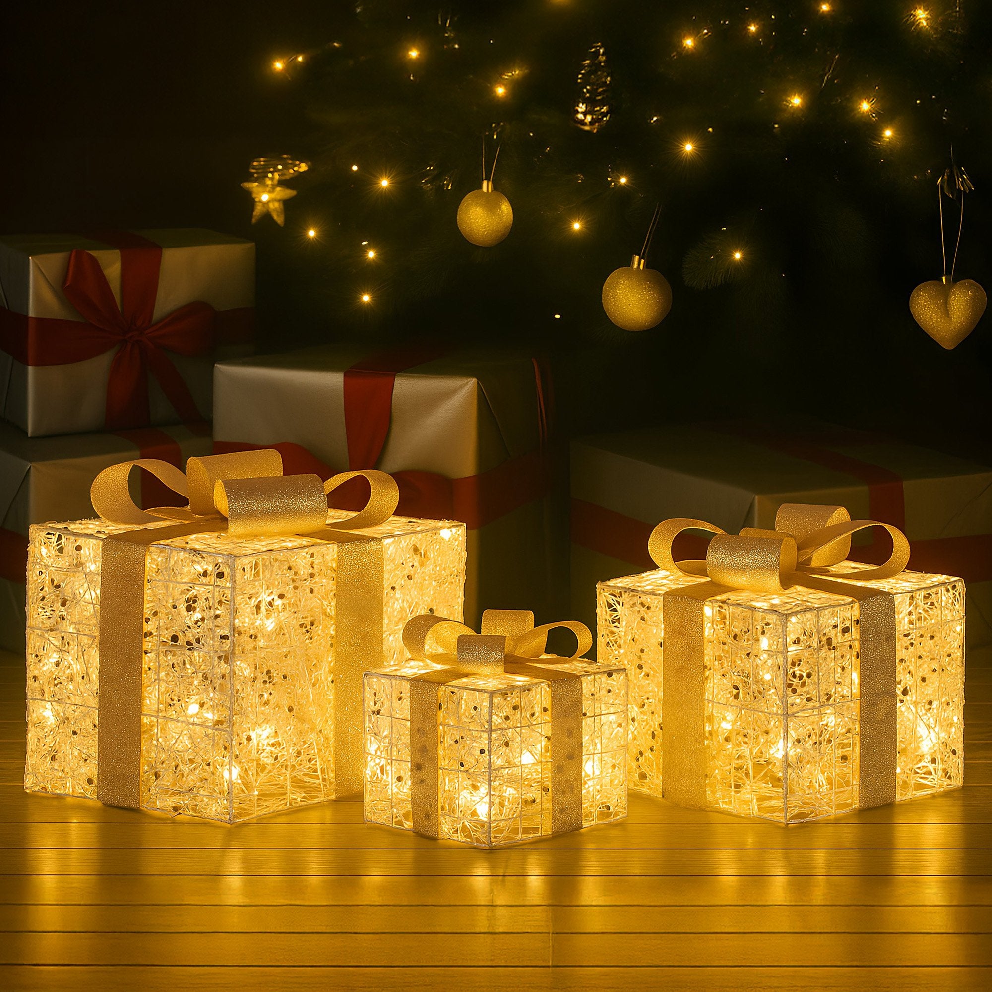 Set of 3 Golden Christmas Gift Boxes – Battery Operated LED Lights