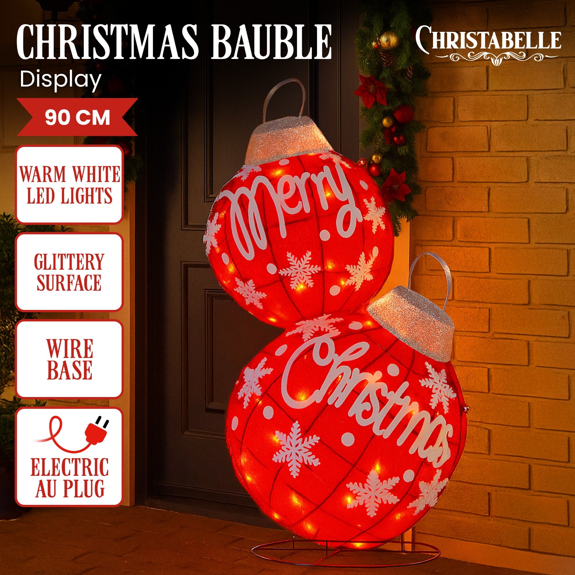 90CM Oversized Christmas Bauble Display – Warm White LED Lights & Glitter
