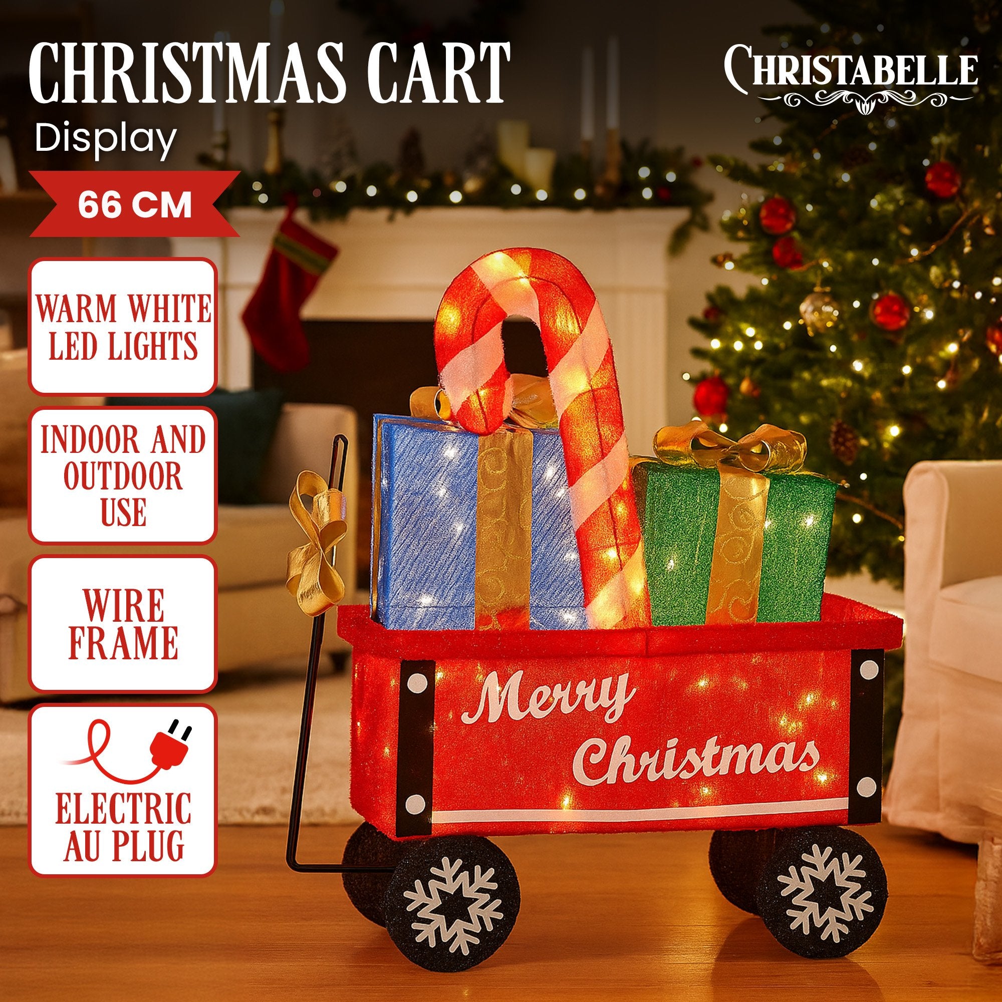 66CM Christmas Cart Display with Candy Cane & Presents – Warm White LED Lights