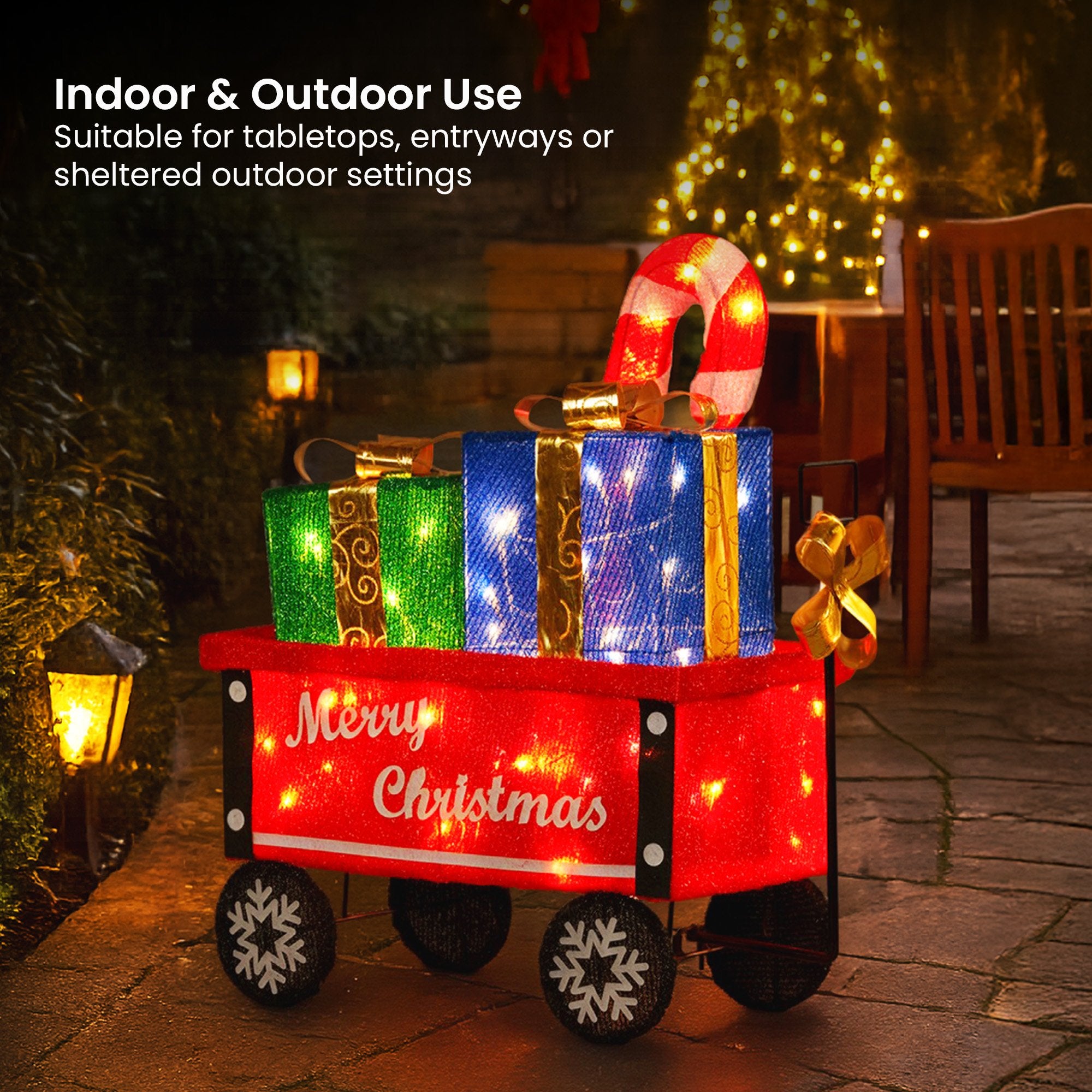 66CM Christmas Cart Display with Candy Cane & Presents – Warm White LED Lights