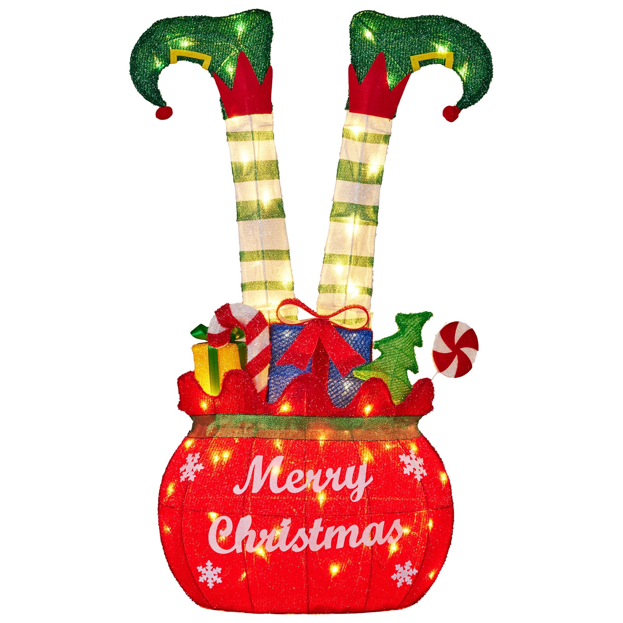 86cm Elf in Gift Sack Christmas Display – Warm White LED Lights