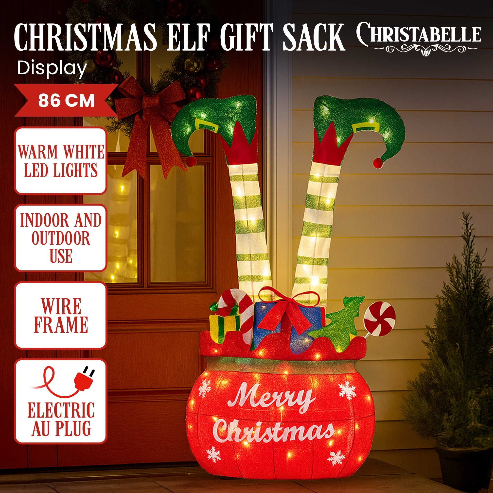 86cm Elf in Gift Sack Christmas Display – Warm White LED Lights
