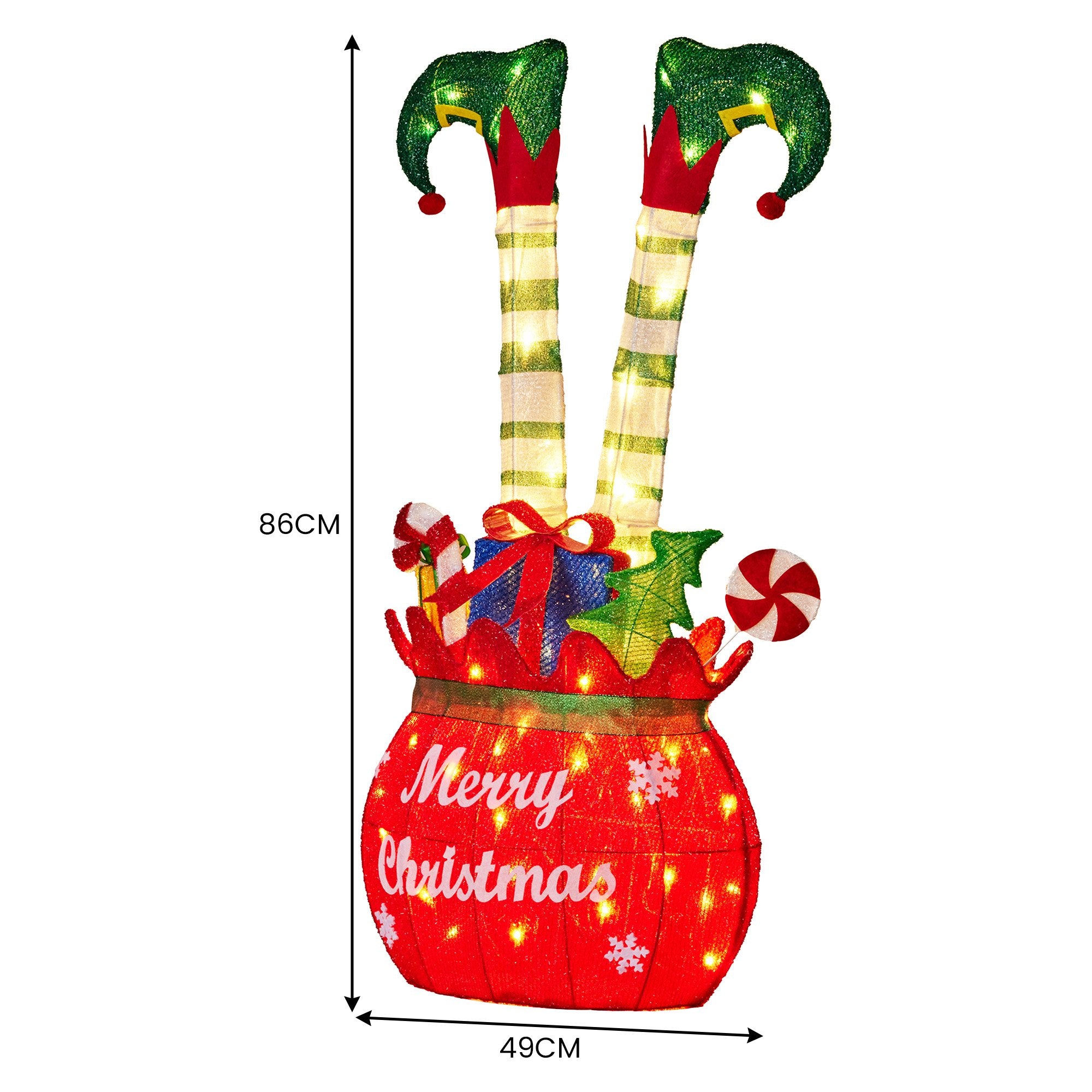 86cm Elf in Gift Sack Christmas Display – Warm White LED Lights