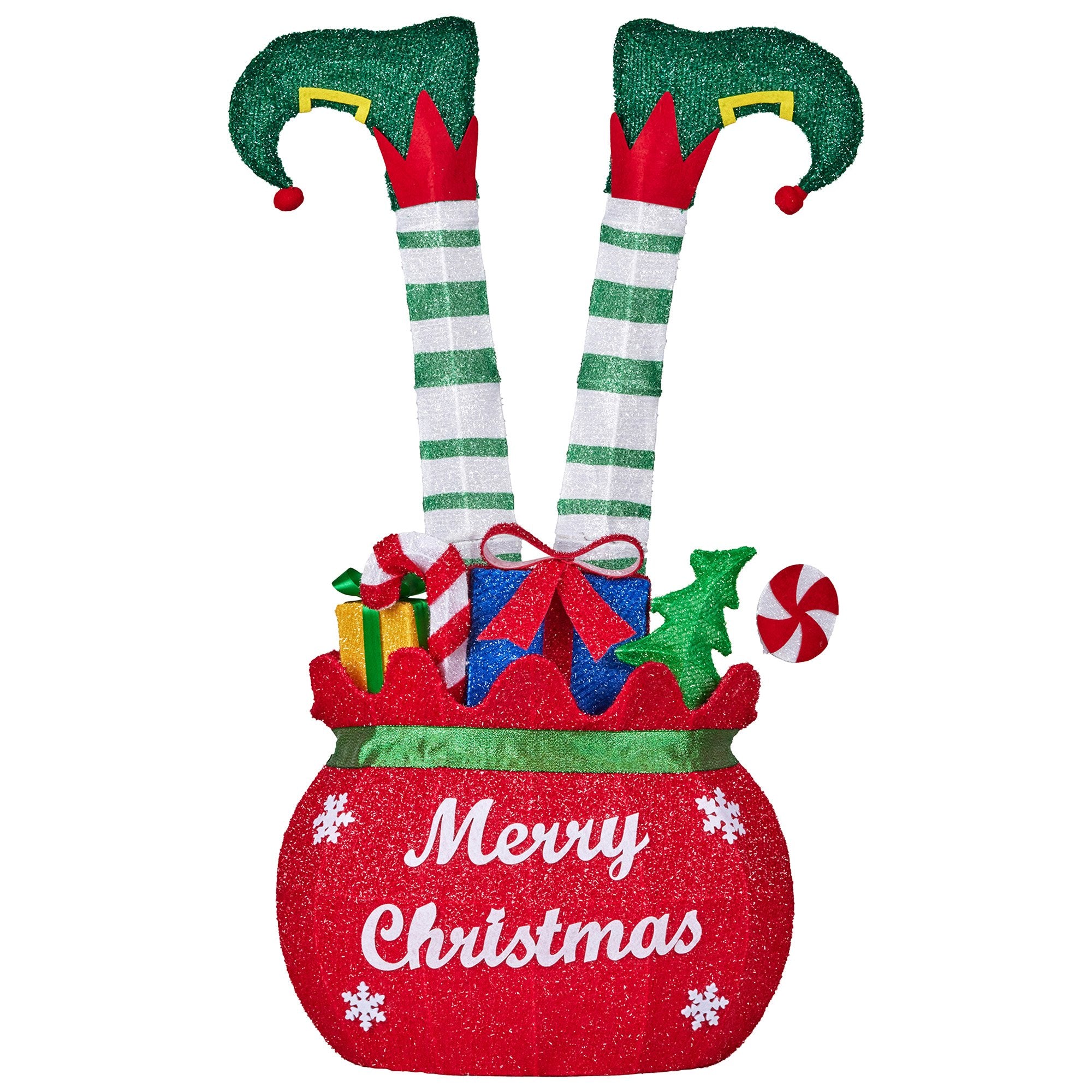 86cm Elf in Gift Sack Christmas Display – Warm White LED Lights