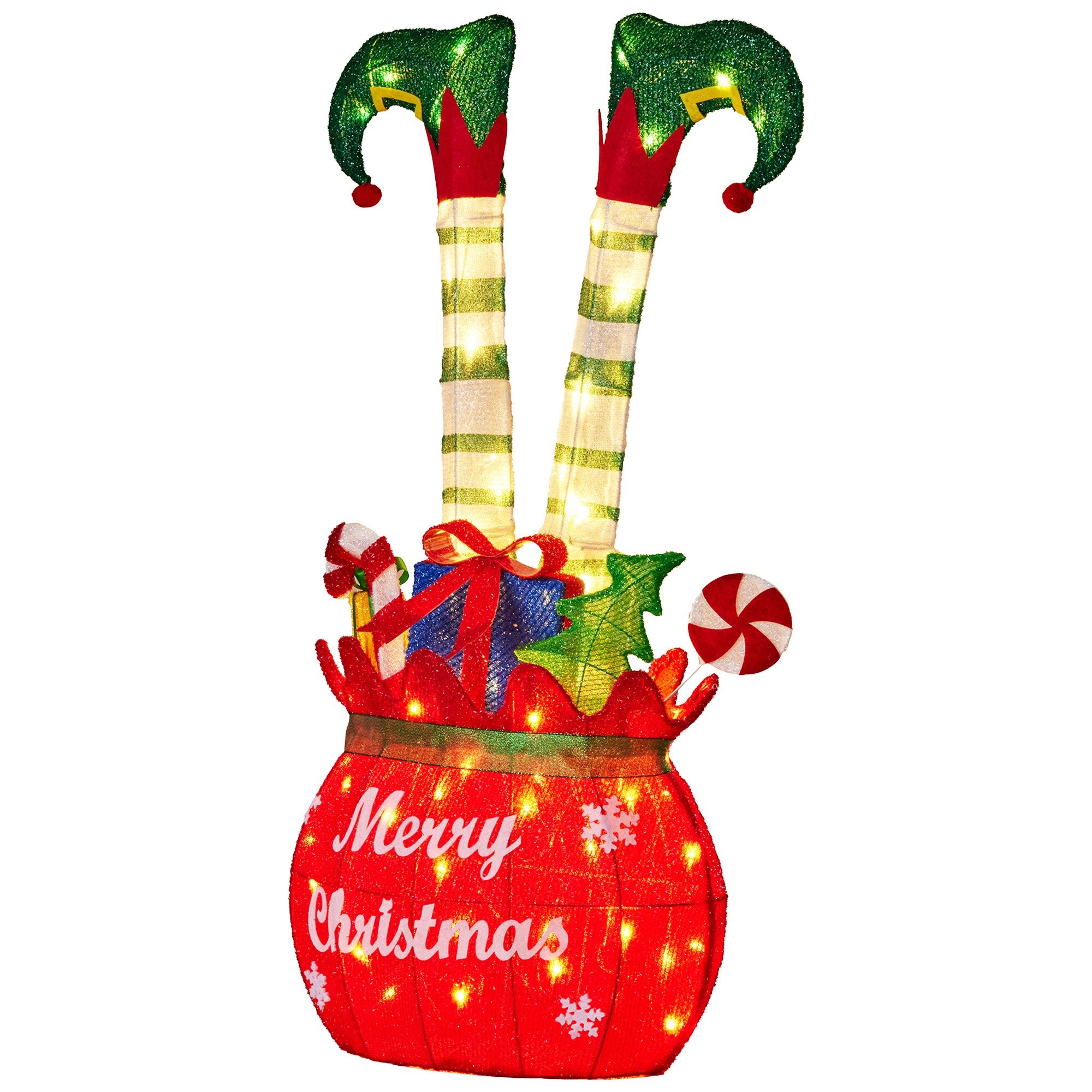 86cm Elf in Gift Sack Christmas Display – Warm White LED Lights