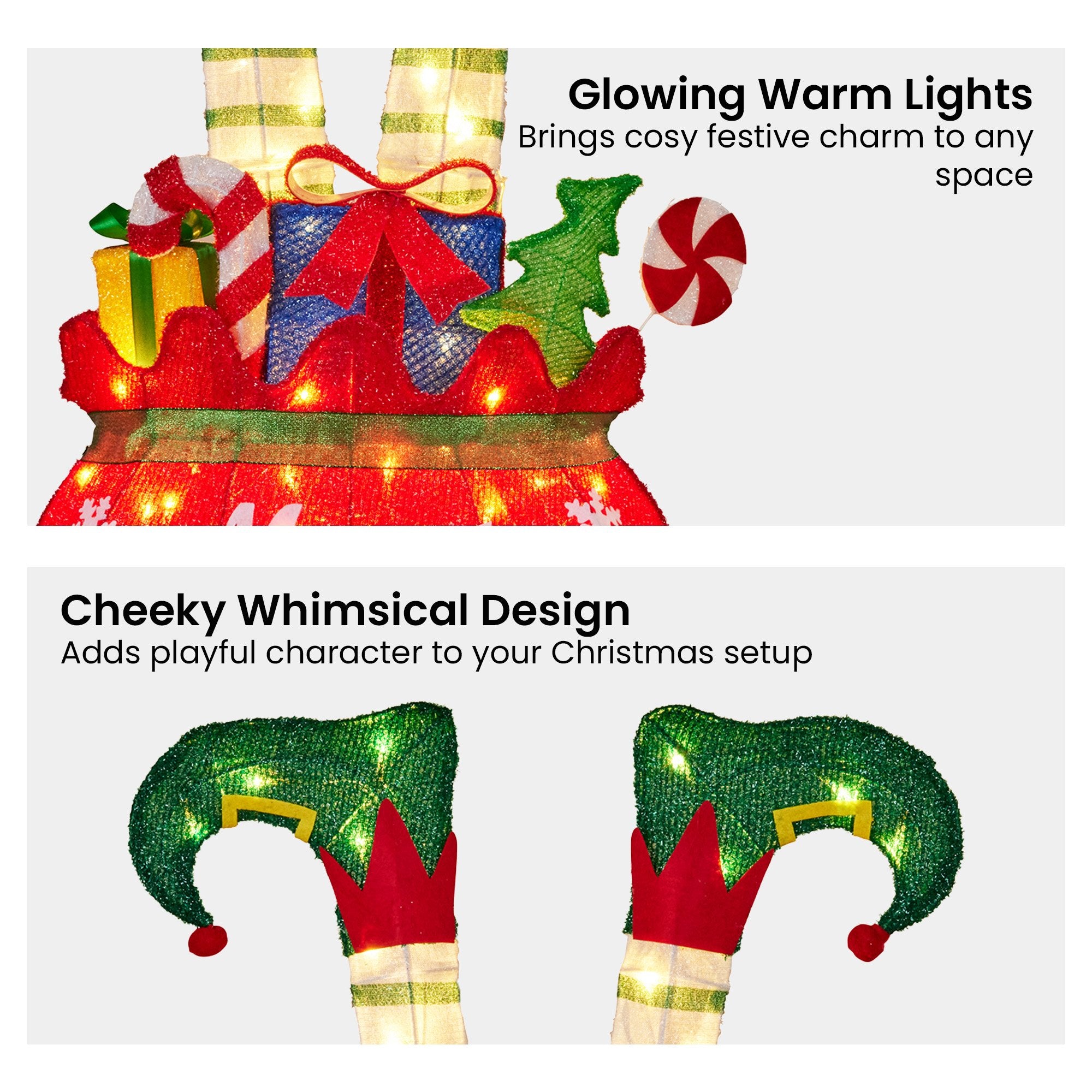 86cm Elf in Gift Sack Christmas Display – Warm White LED Lights