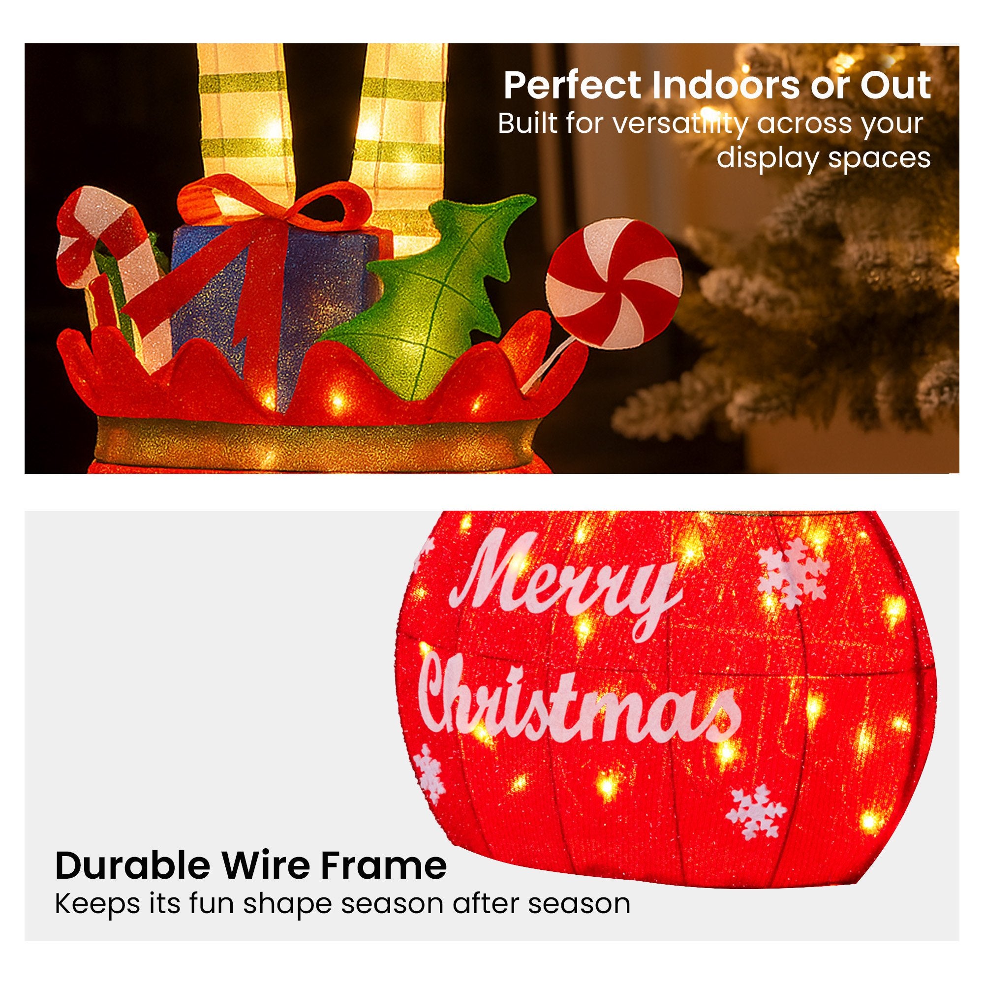 86cm Elf in Gift Sack Christmas Display – Warm White LED Lights