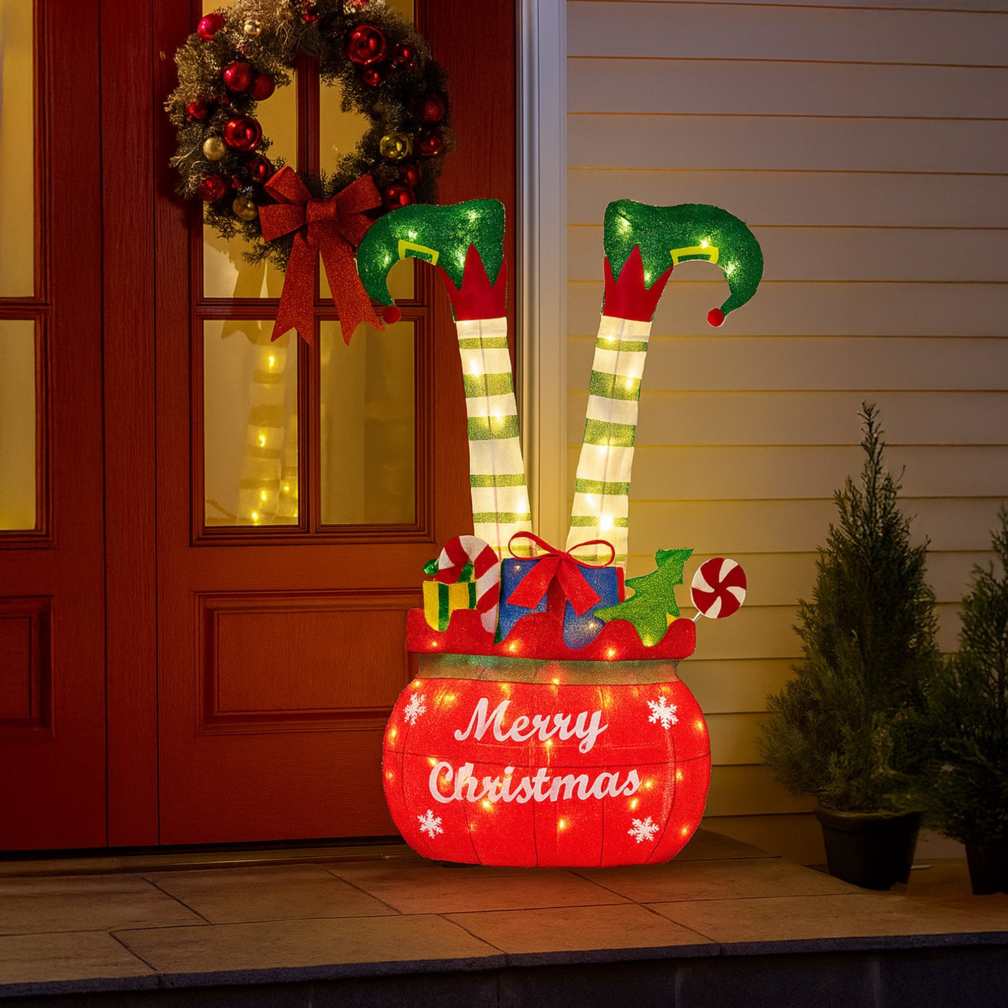 86cm Elf in Gift Sack Christmas Display – Warm White LED Lights