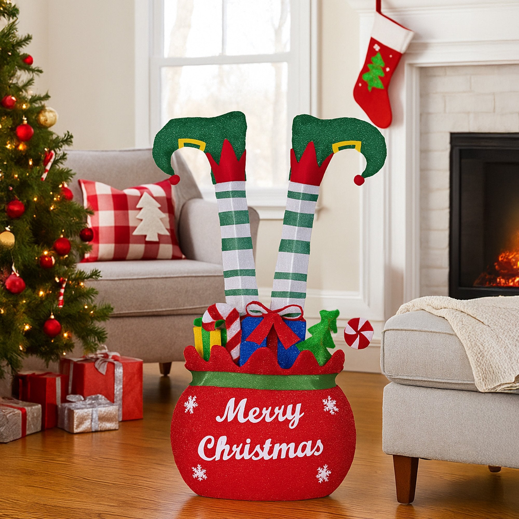 86cm Elf in Gift Sack Christmas Display – Warm White LED Lights