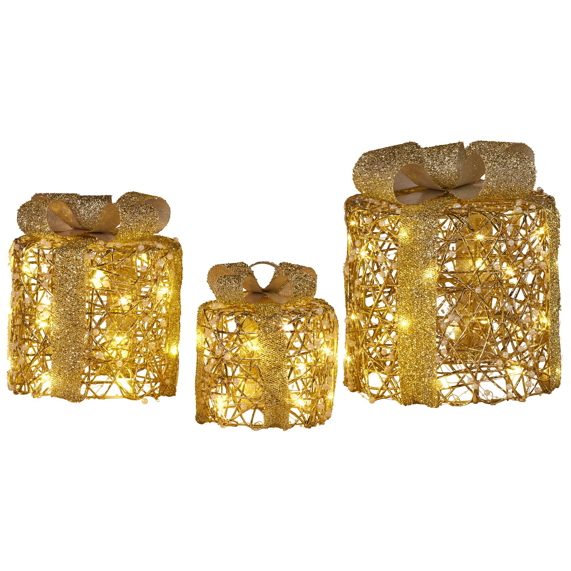 Set of 3 Cylindrical Christmas Gift Boxes – Gold LED Present Display