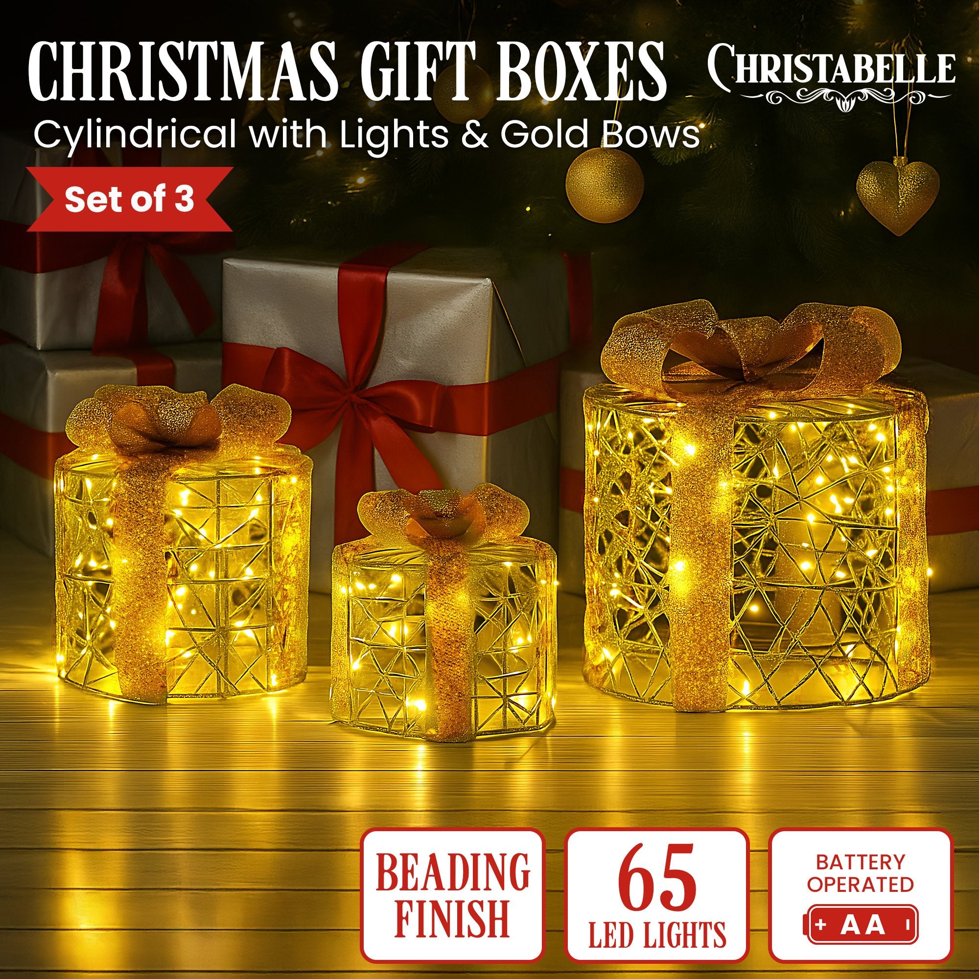 Set of 3 Cylindrical Christmas Gift Boxes – Gold LED Present Display