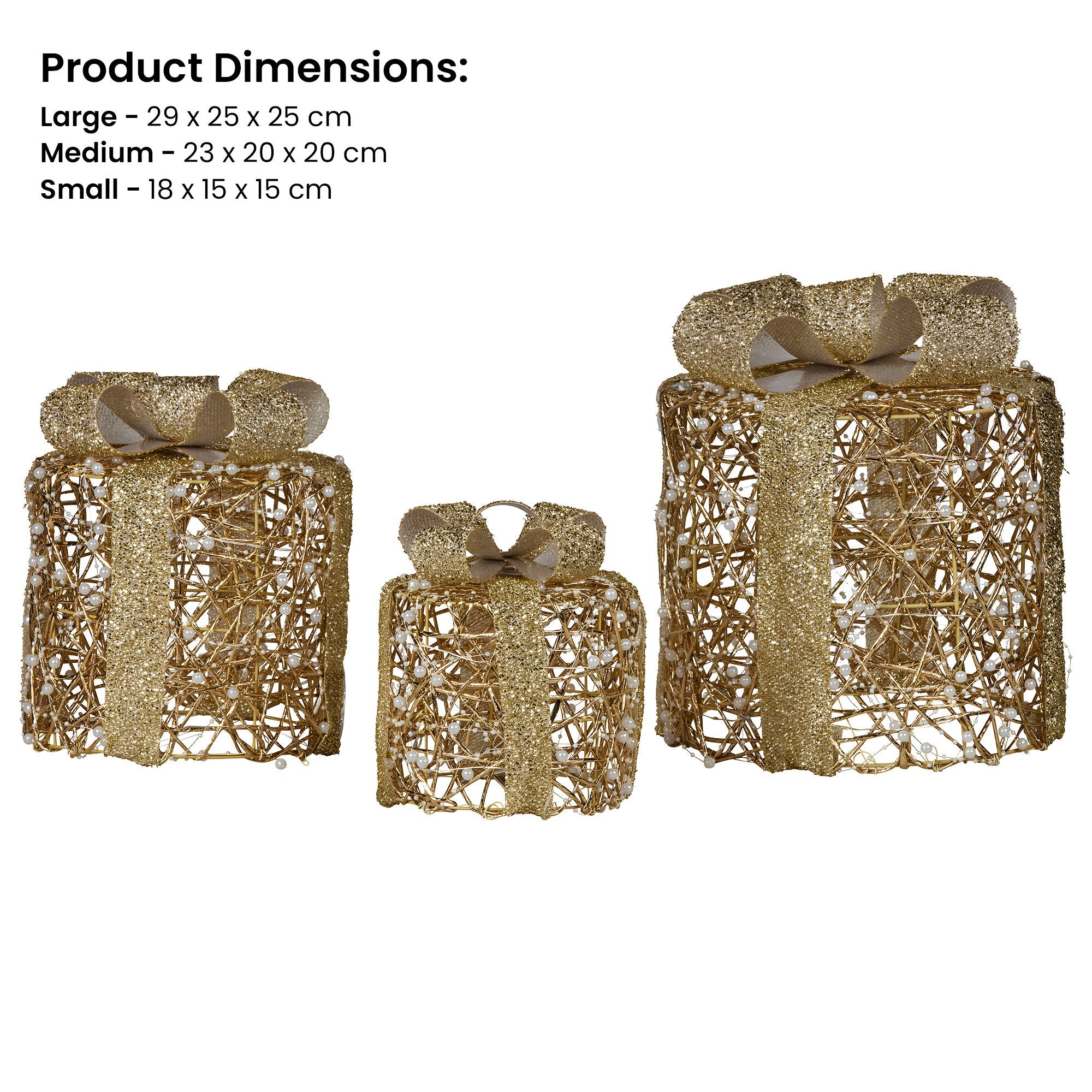 Set of 3 Cylindrical Christmas Gift Boxes – Gold LED Present Display